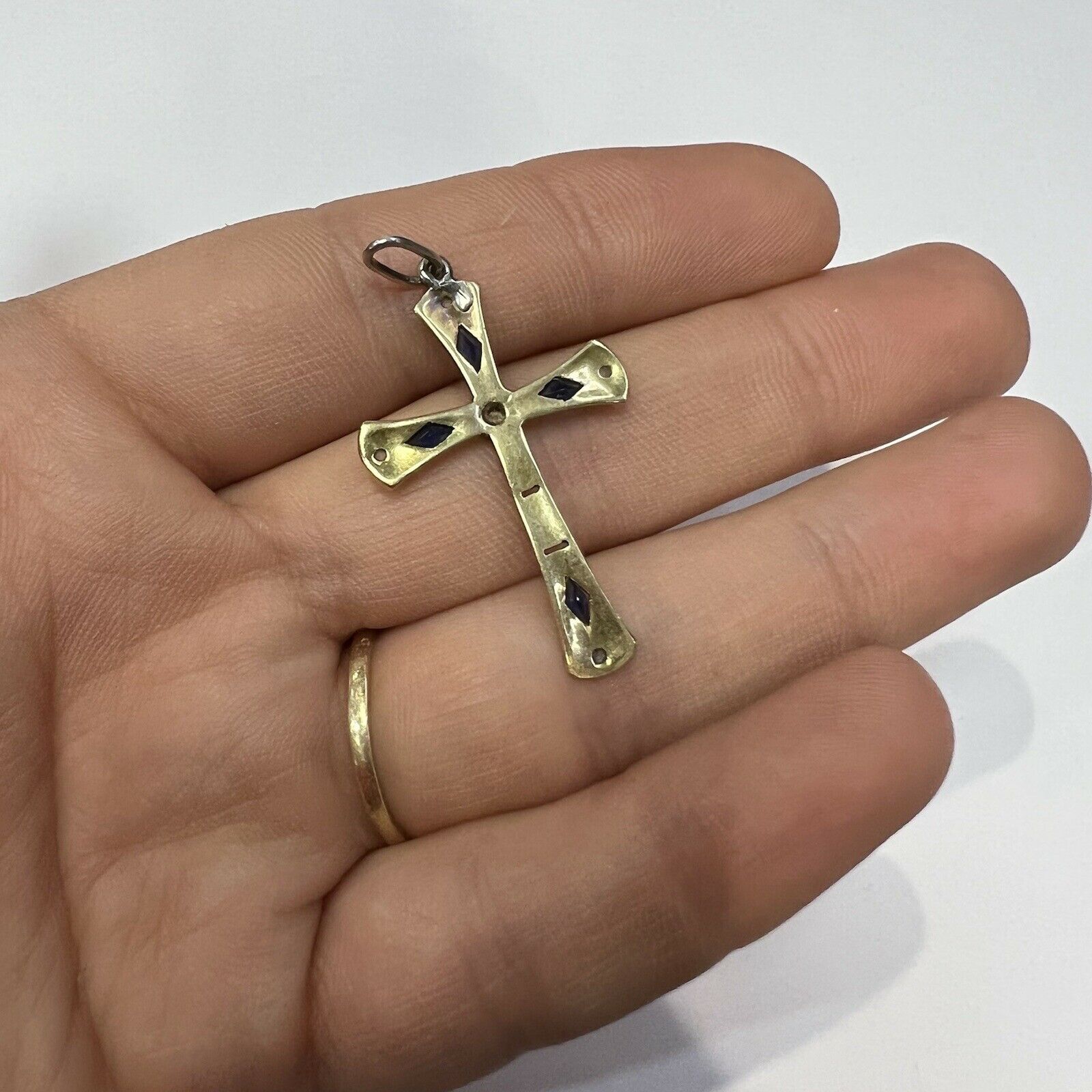 Platinum Sapphire and Rose Cut Diamond Cross Pendant 1.5 x .90"