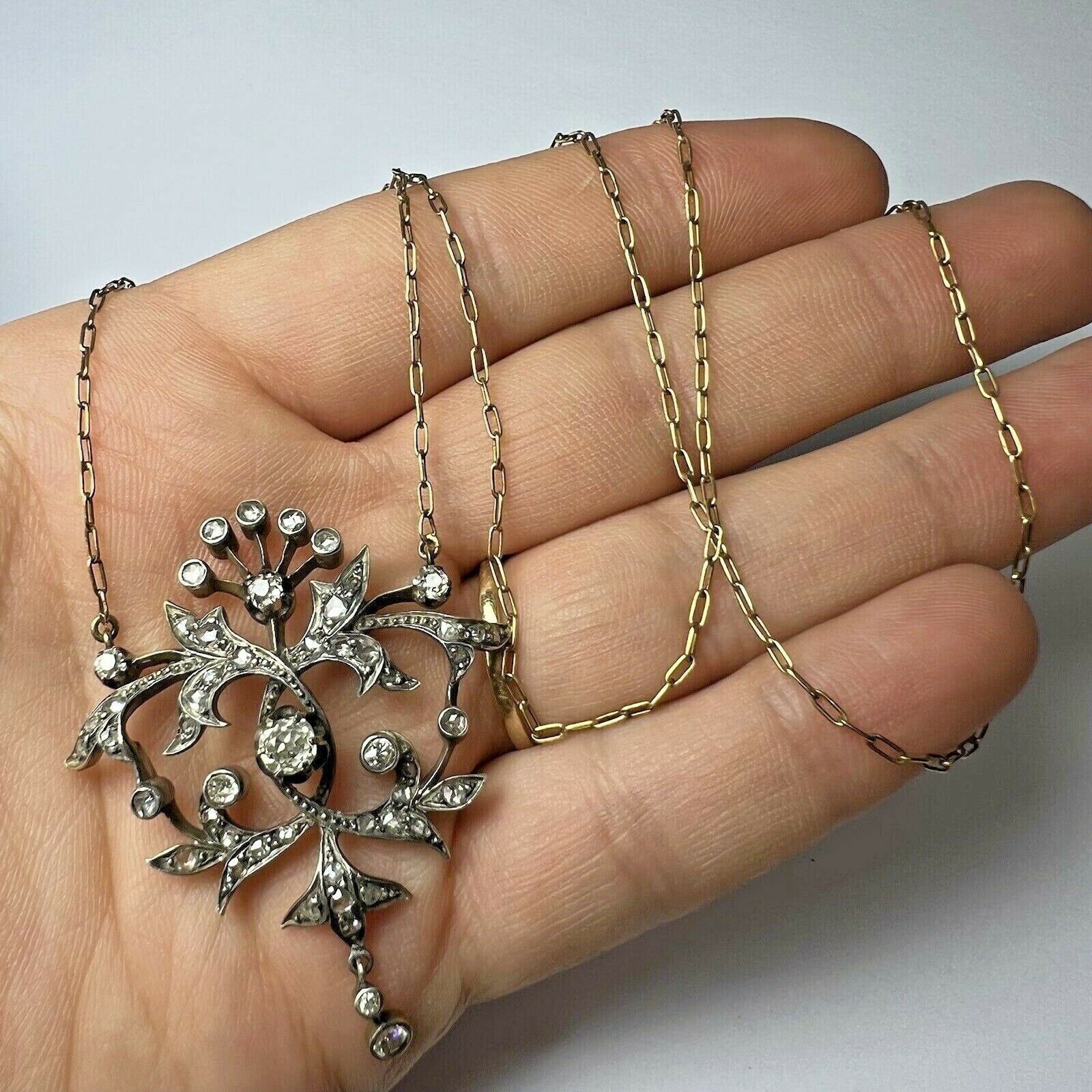 Victorian 14K Gold Old mine & Rose cut Diamond Filigree Pendant Necklace 19"