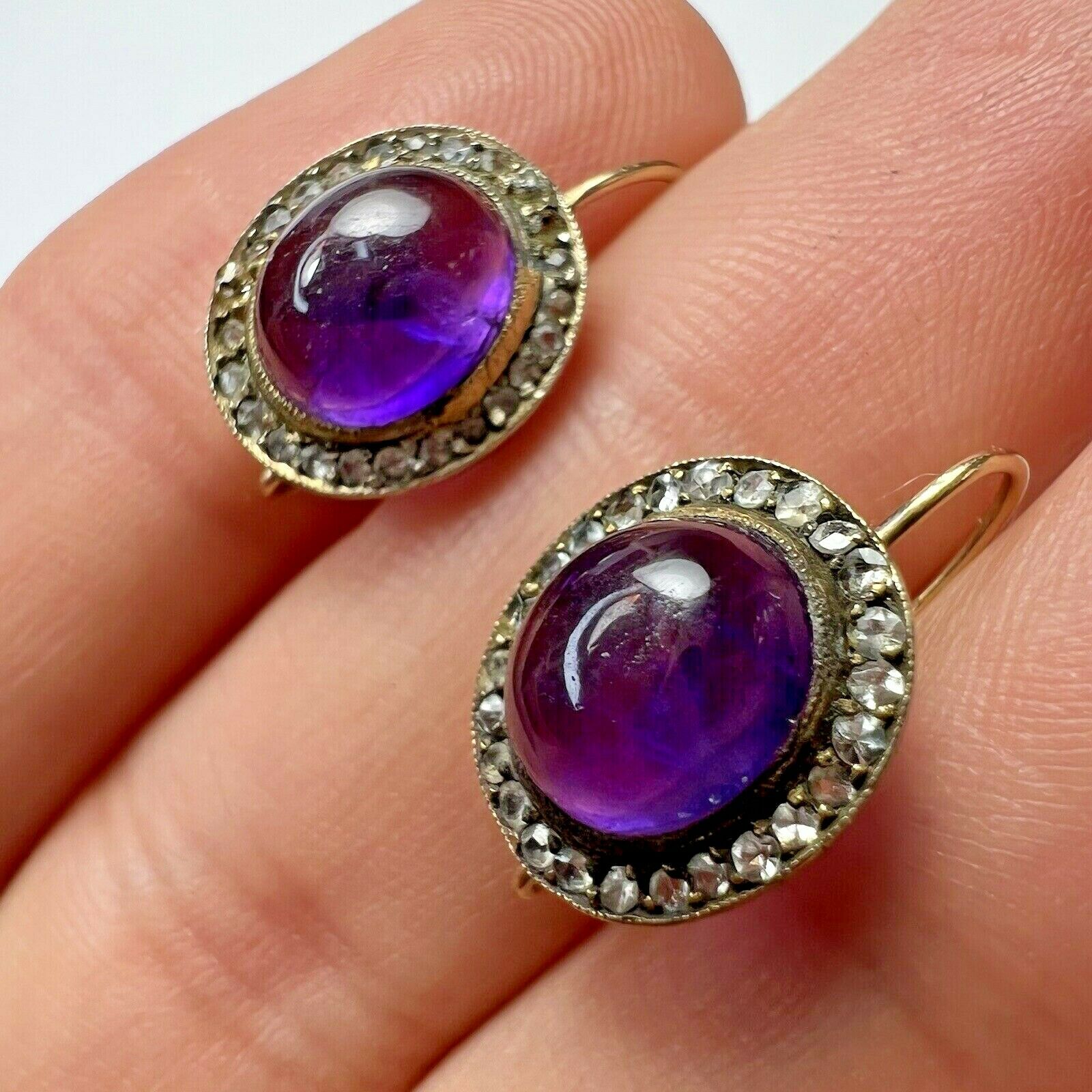 Victorian 14K Yellow Gold Cabochon Amethyst Old Mine Cut Diamond Earring