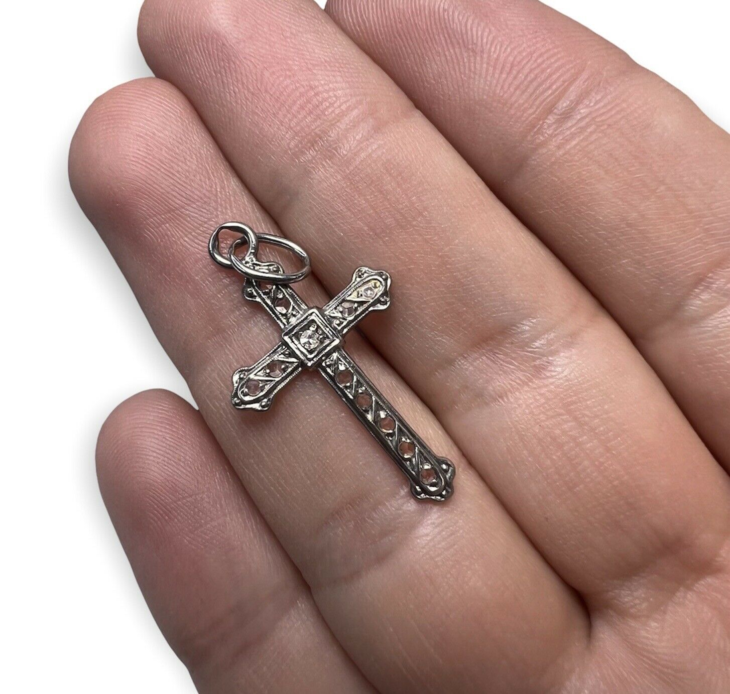 Platinum Rose Cut Diamond Cross Pendant Art Deco Antique 1.25 x .65"