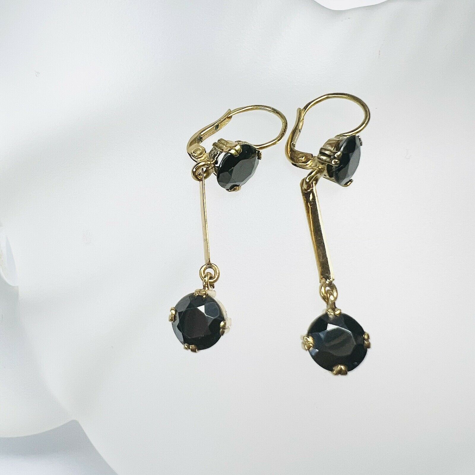 14K Yellow gold Round Hematite Dangle Drop Lever Back Earrings 1.2"