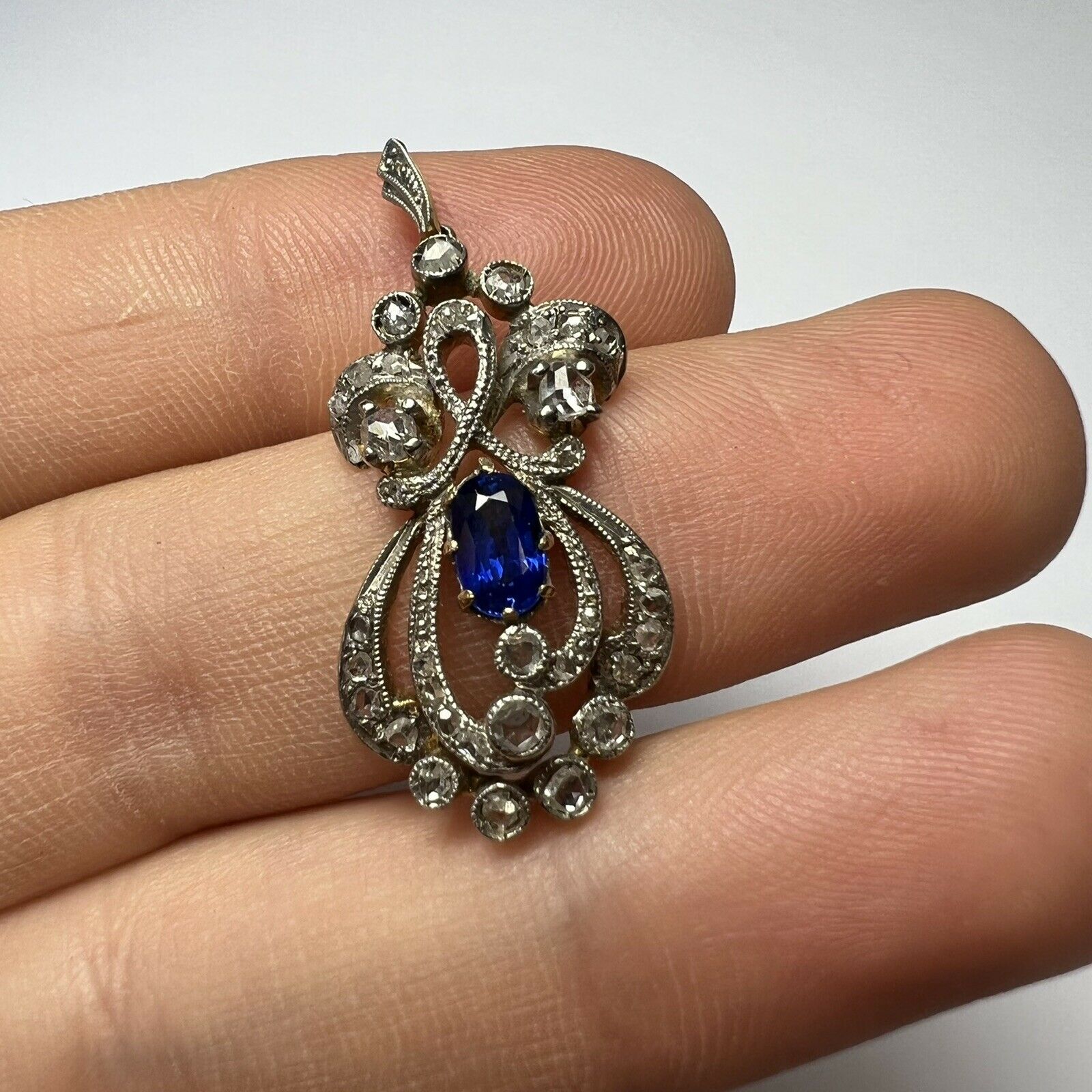 Antique Sapphire and Diamond Platinum and Yellow Gold Pendant 1.3x.60"