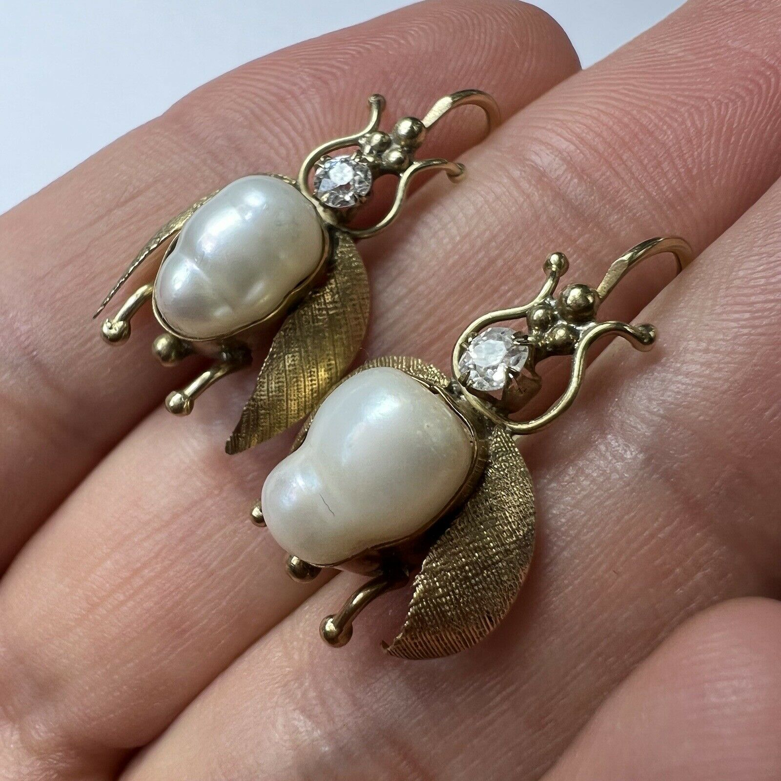 Old Mine Cut Diamond Fresh Water Pear BEE Fly Earring 1"