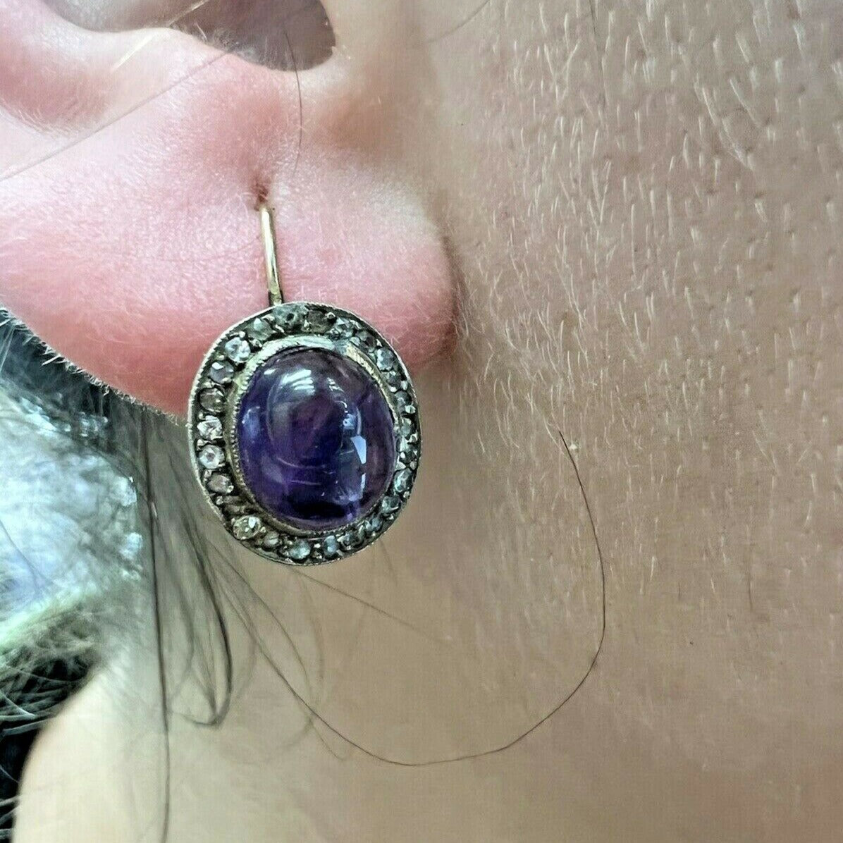 Victorian 14K Yellow Gold Cabochon Amethyst Old Mine Cut Diamond Earring