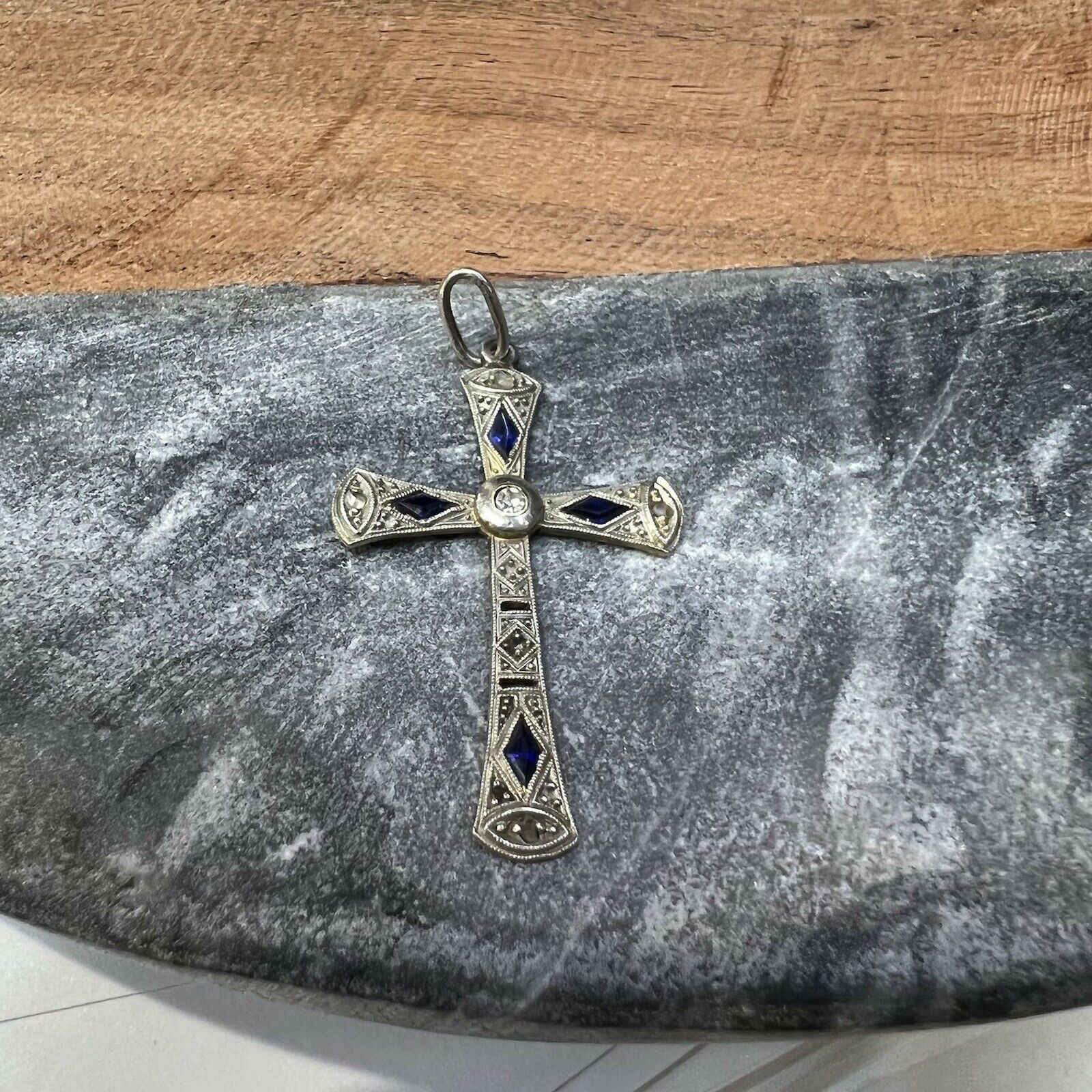 Platinum Sapphire and Rose Cut Diamond Cross Pendant 1.5 x .90"