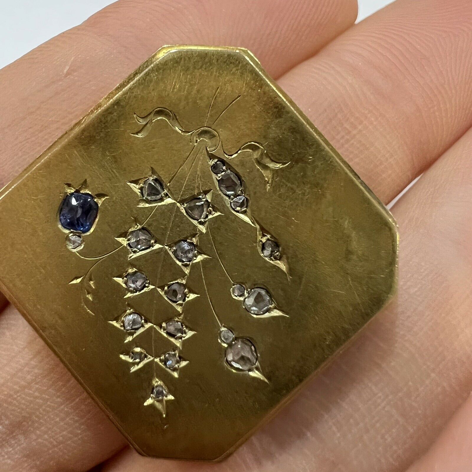 Victorian Solid 10K Yellow Gold Sapphire Flower Pin Pendant 1x1"