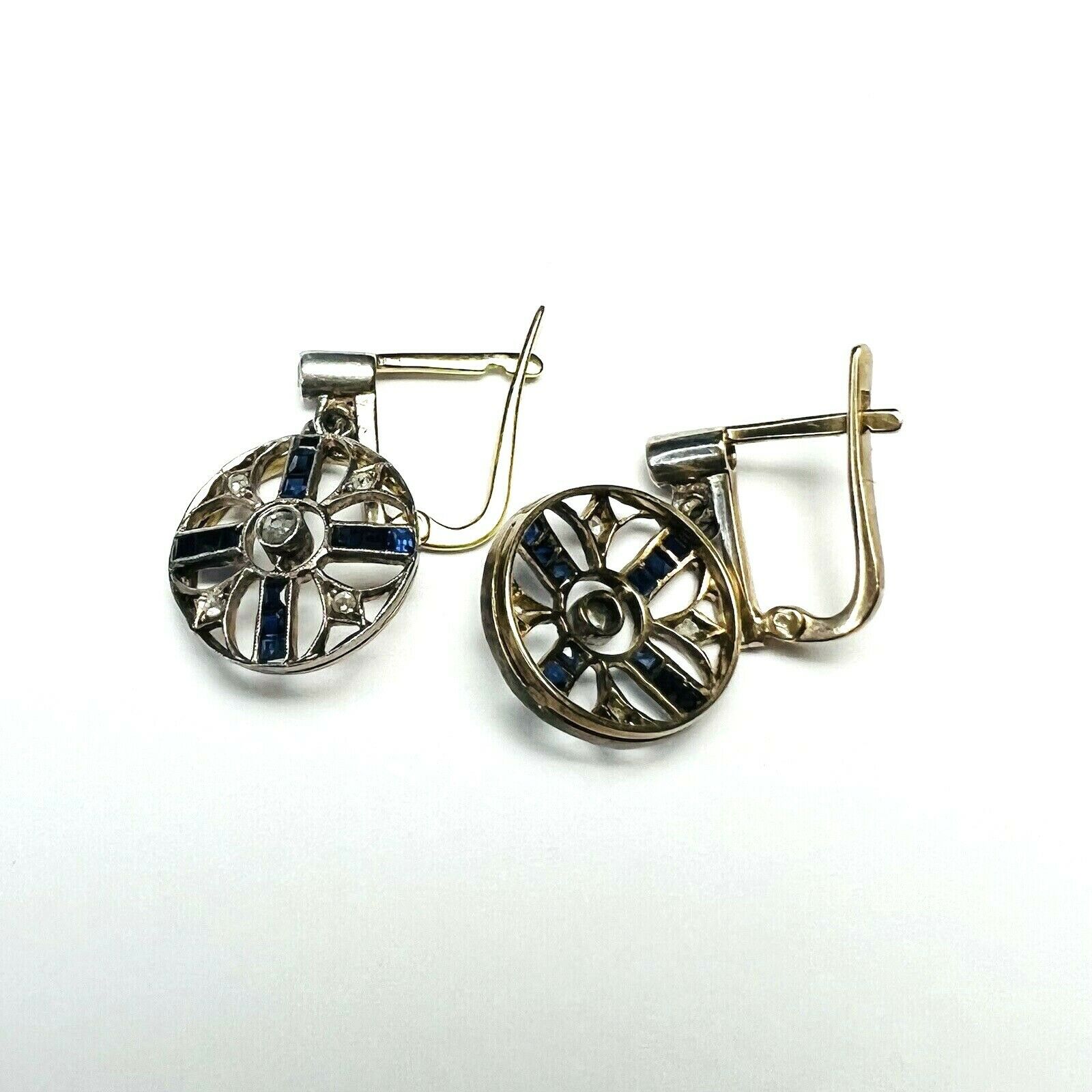 14K Yellow & White Gold Sapphire & Diamond Latch Back Dangle Earrings 1"