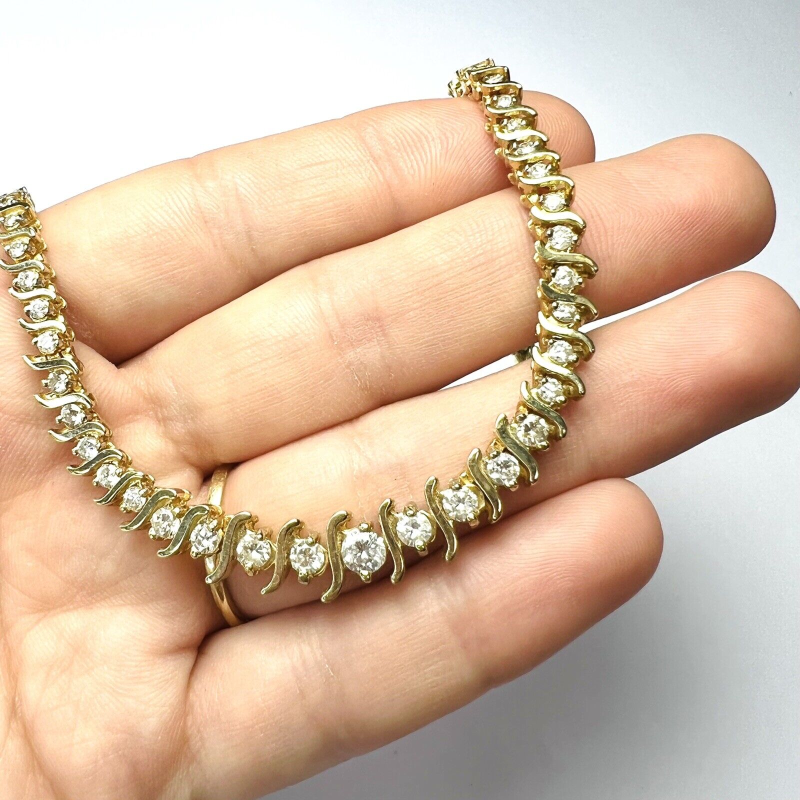 Solid 14K Yellow Gold 4.35ctw Diamond S link Rivera Tennis Necklace 16"