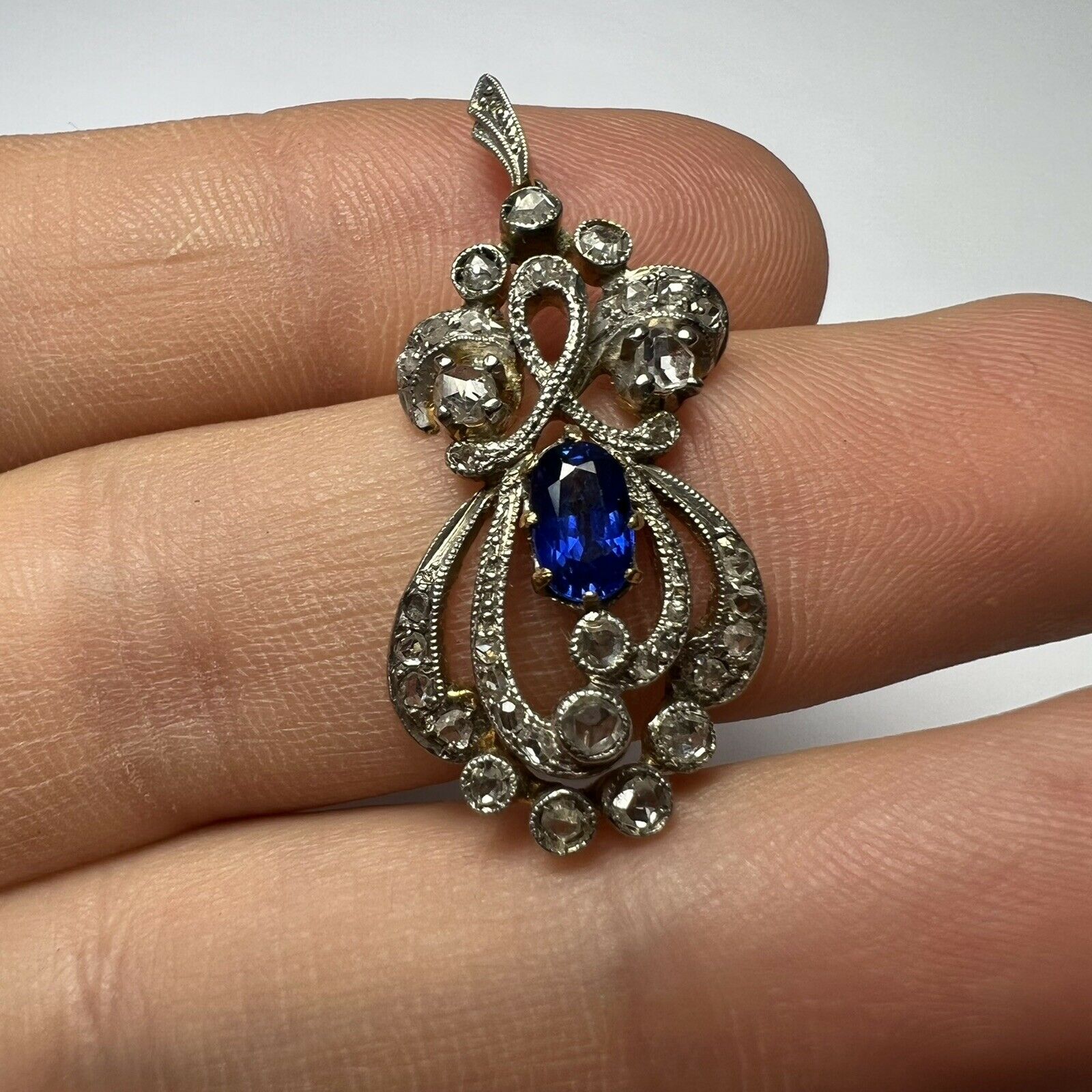 Antique Sapphire and Diamond Platinum and Yellow Gold Pendant 1.3x.60"