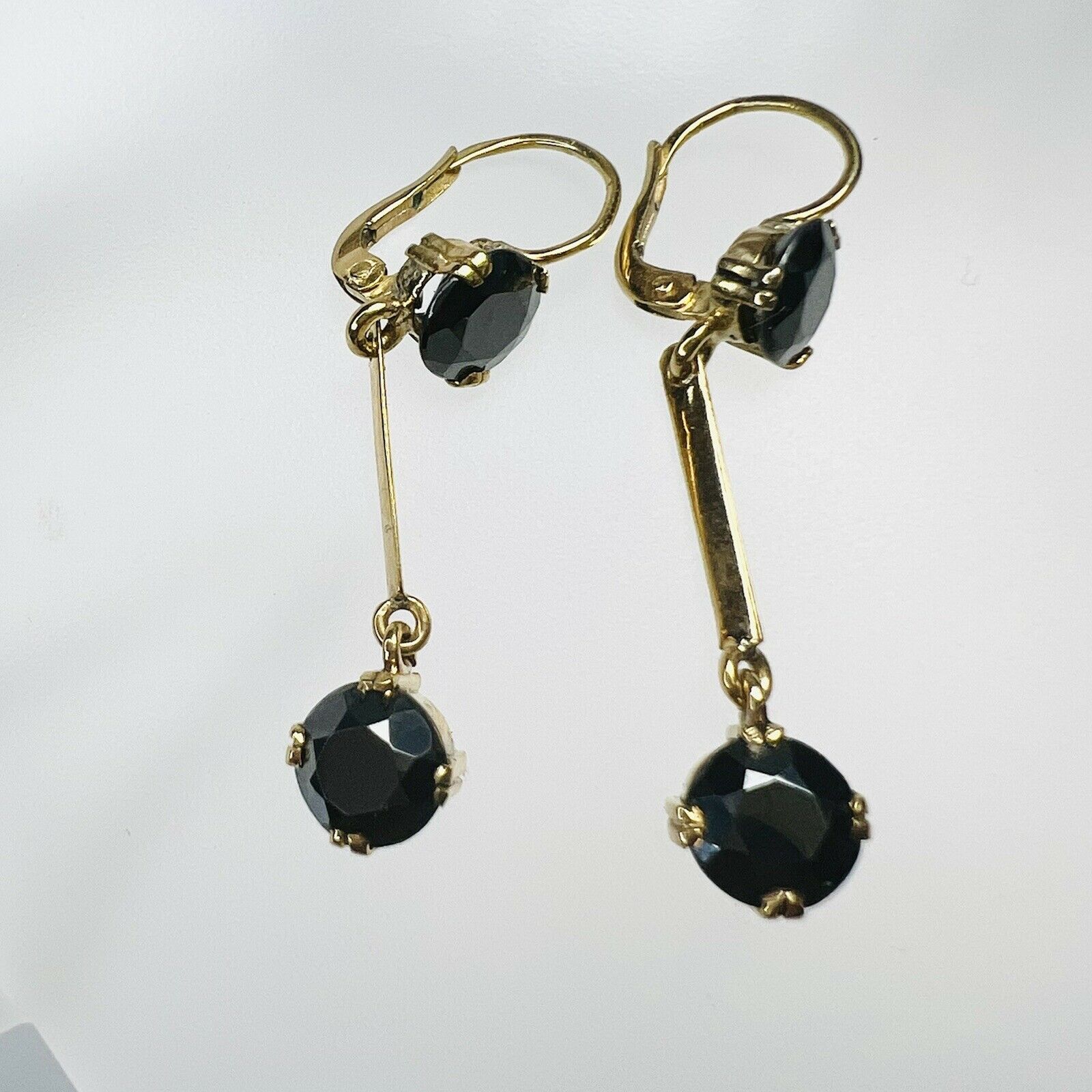 14K Yellow gold Round Hematite Dangle Drop Lever Back Earrings 1.2"