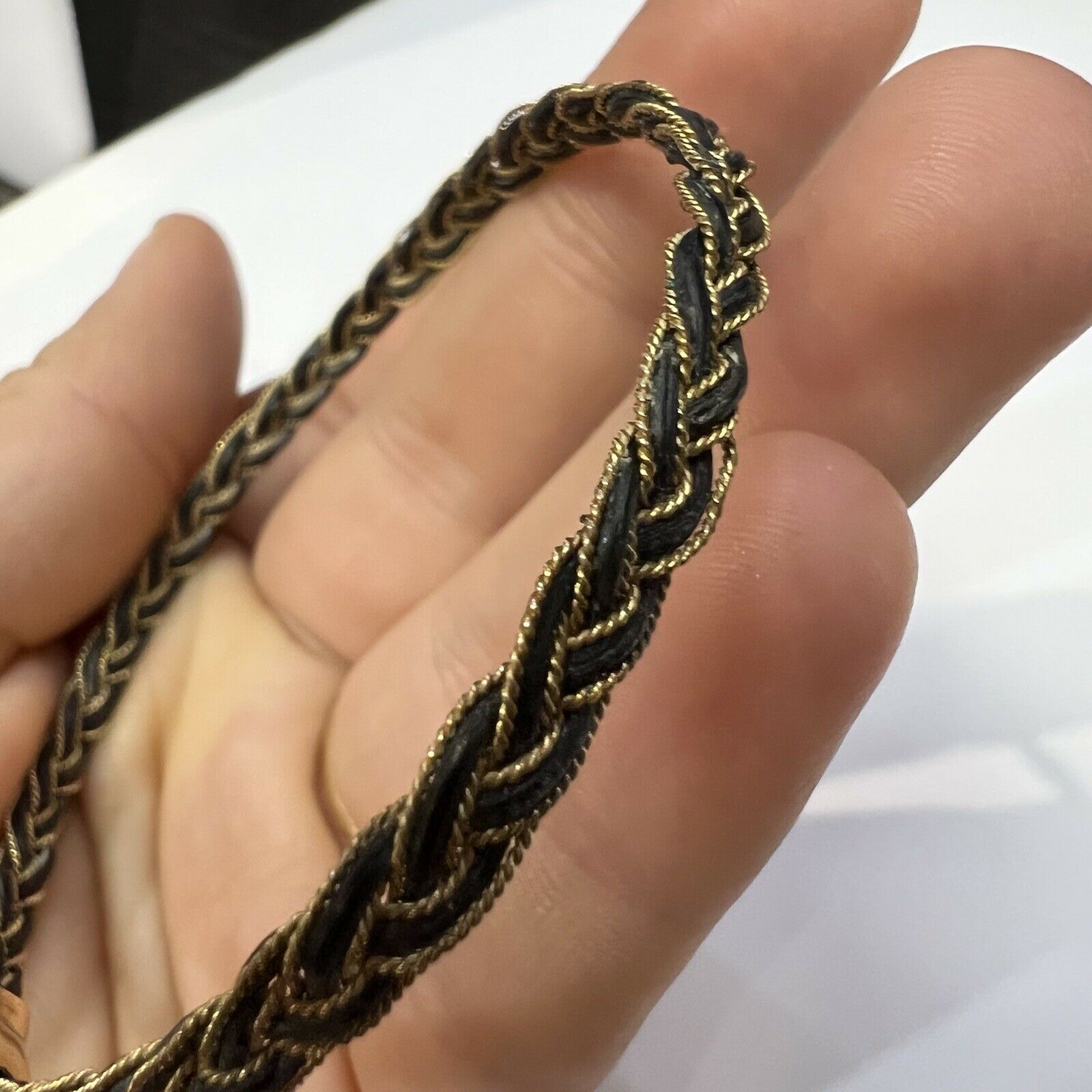 Solid 10K Yellow Gold and Hair Antique Bangle Slip-on Bracelet 7.8"