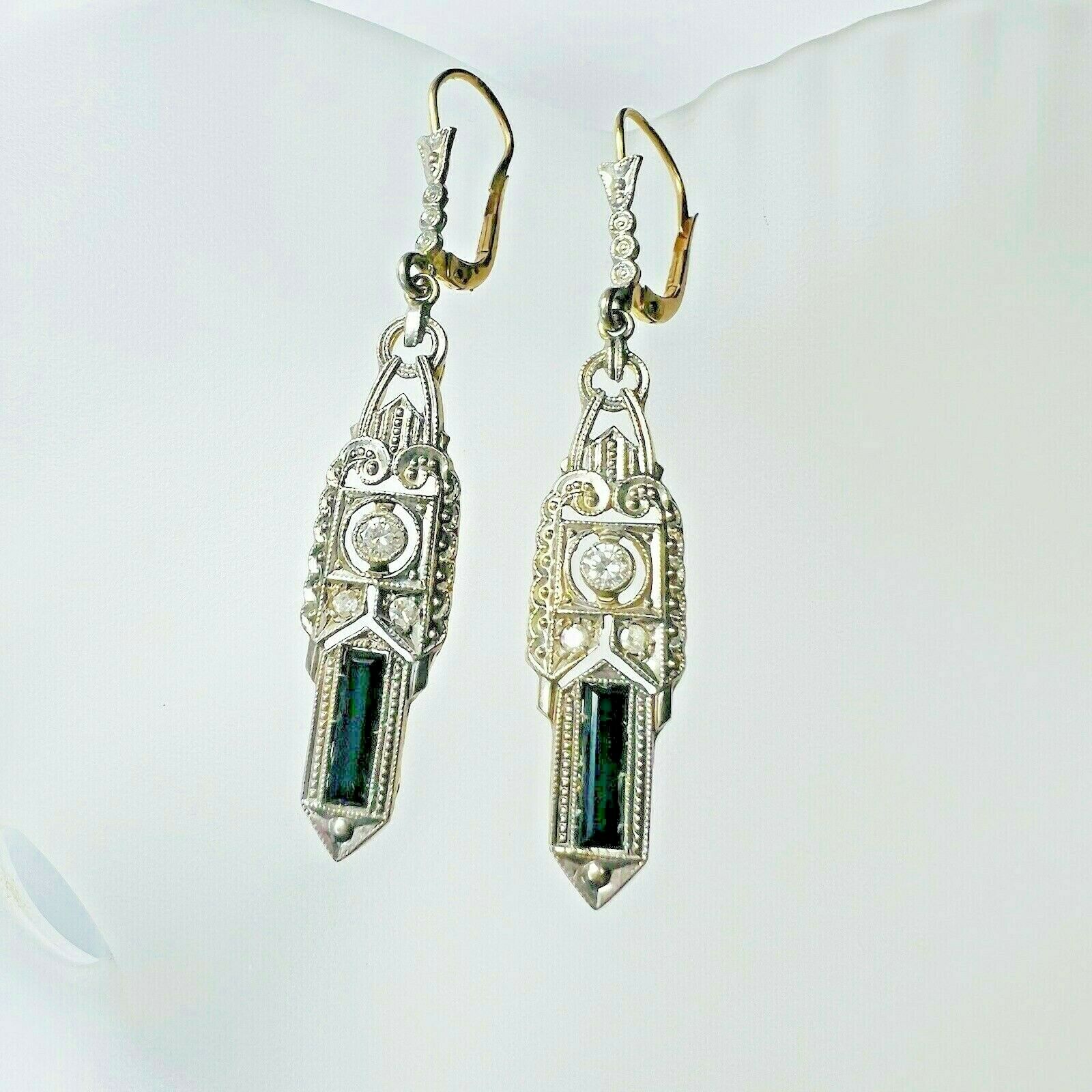 Art Deco 14K Gold Onyx & Diamond Filigree Dangle Drop Lever Back Earrings 1.75"