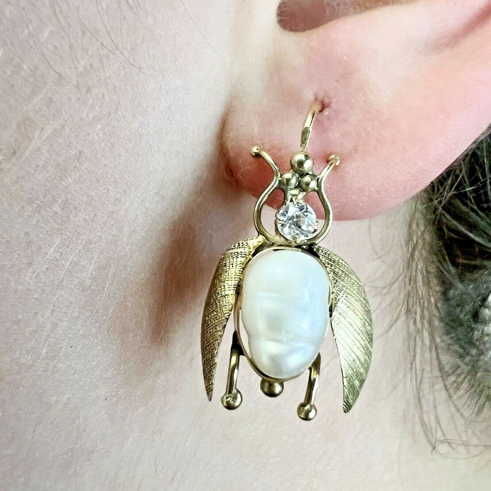 Old Mine Cut Diamond Fresh Water Pear BEE Fly Earring 1"