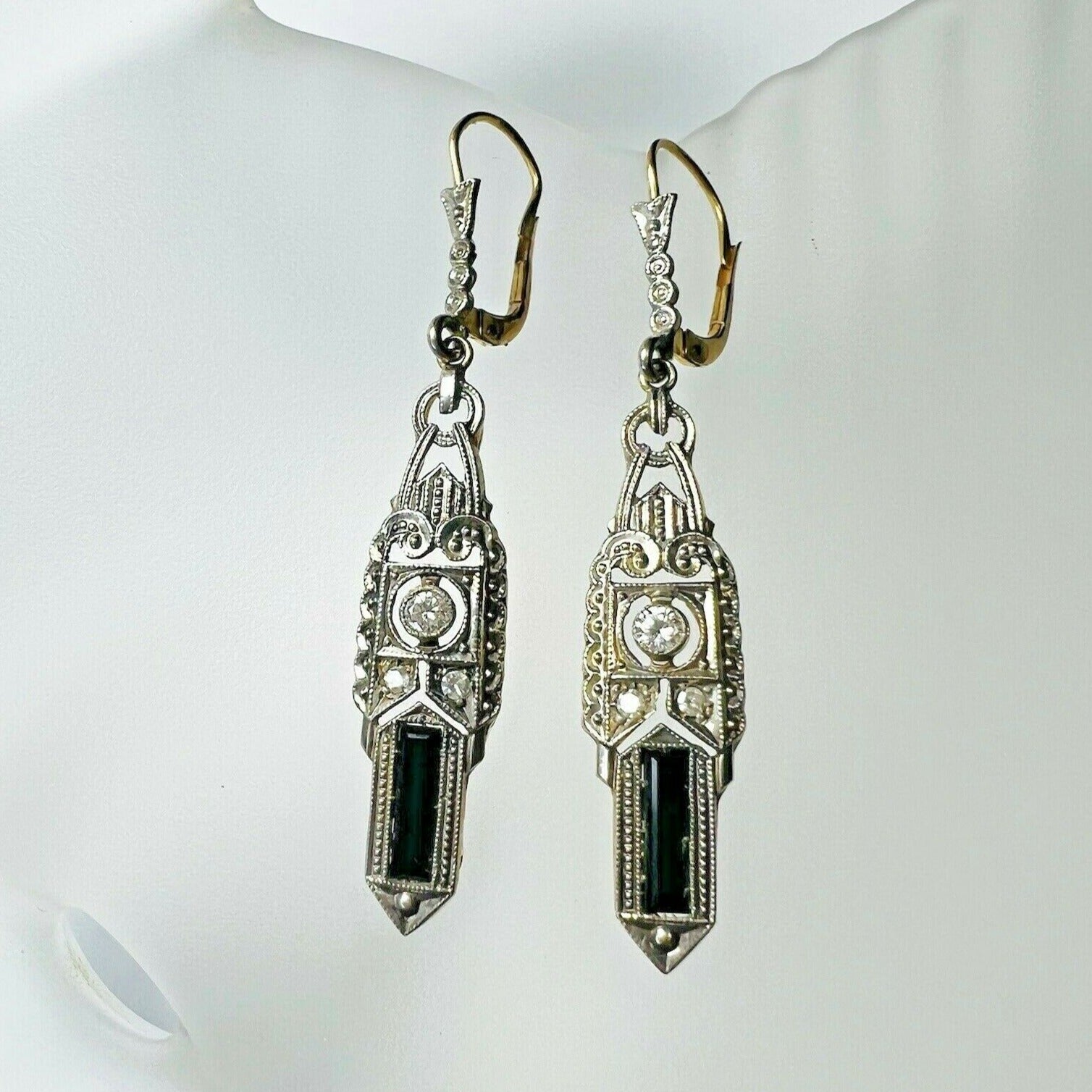Art Deco 14K Gold Onyx & Diamond Filigree Dangle Drop Lever Back Earrings 1.75"