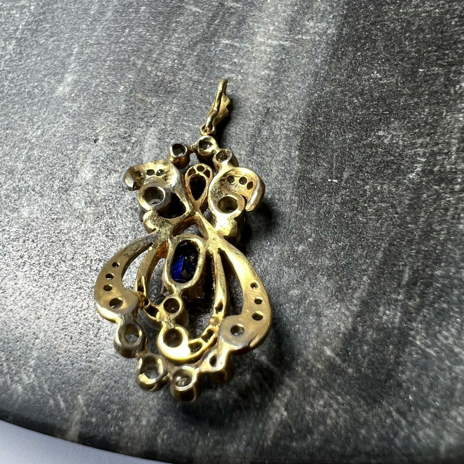 Antique Sapphire and Diamond Platinum and Yellow Gold Pendant 1.3x.60"