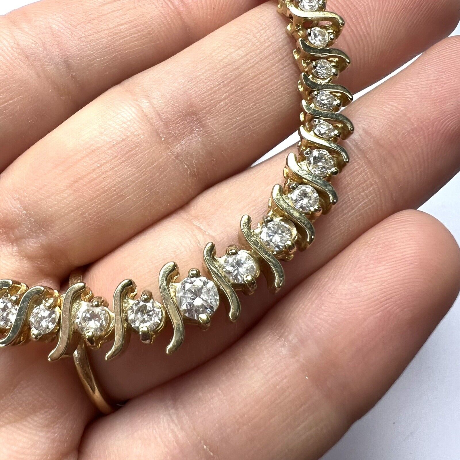 Solid 14K Yellow Gold 4.35ctw Diamond S link Rivera Tennis Necklace 16"