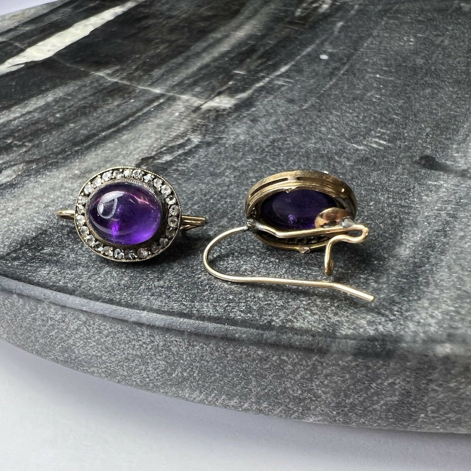 Victorian 14K Yellow Gold Cabochon Amethyst Old Mine Cut Diamond Earring
