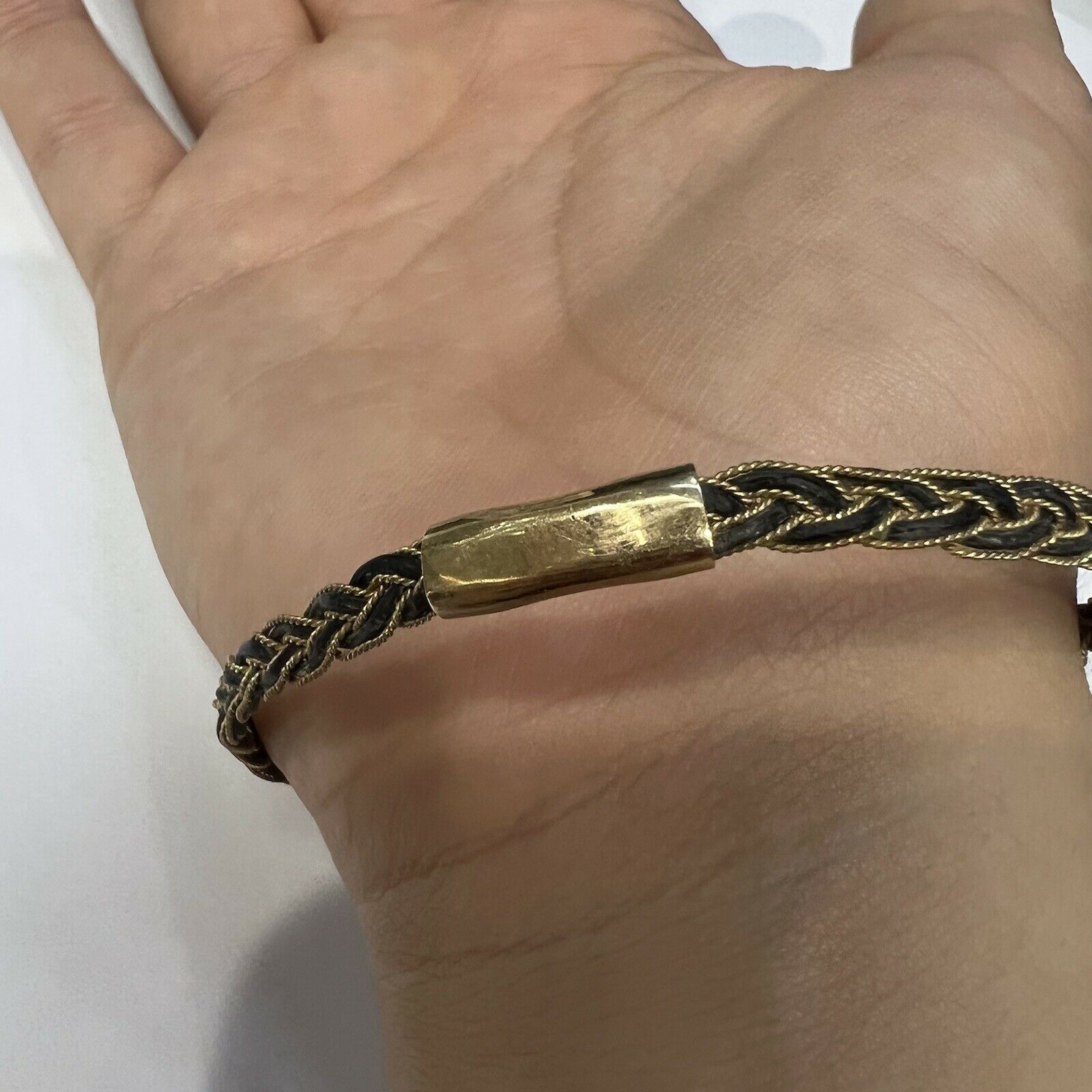 Solid 10K Yellow Gold and Hair Antique Bangle Slip-on Bracelet 7.8"