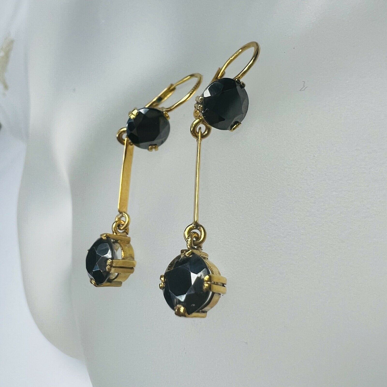 14K Yellow gold Round Hematite Dangle Drop Lever Back Earrings 1.2"