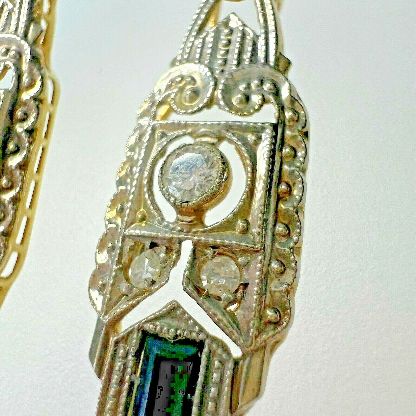 Art Deco 14K Gold Onyx & Diamond Filigree Dangle Drop Lever Back Earrings 1.75"