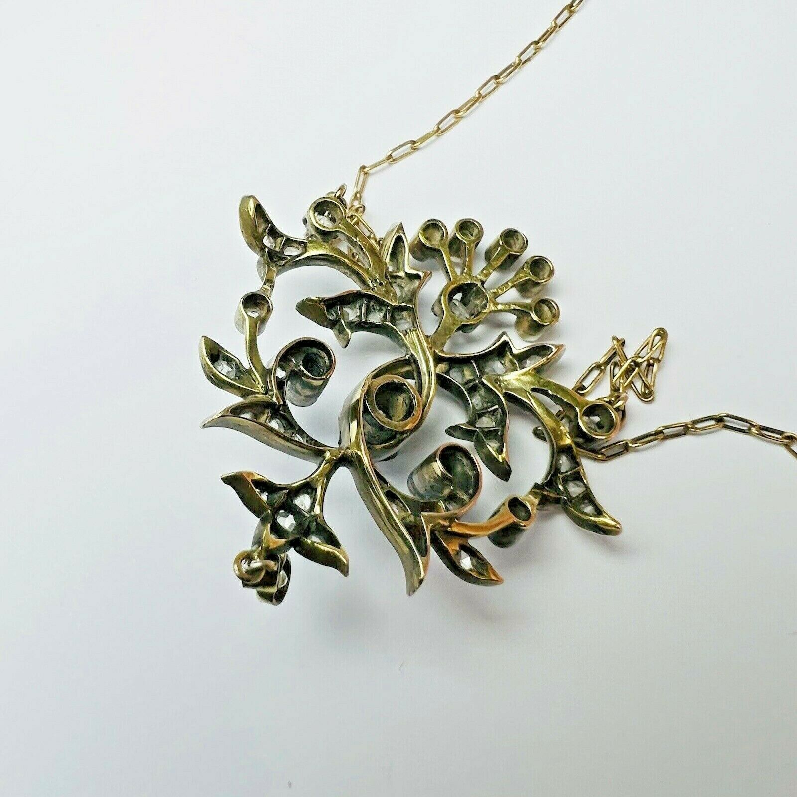 Victorian 14K Gold Old mine & Rose cut Diamond Filigree Pendant Necklace 19"