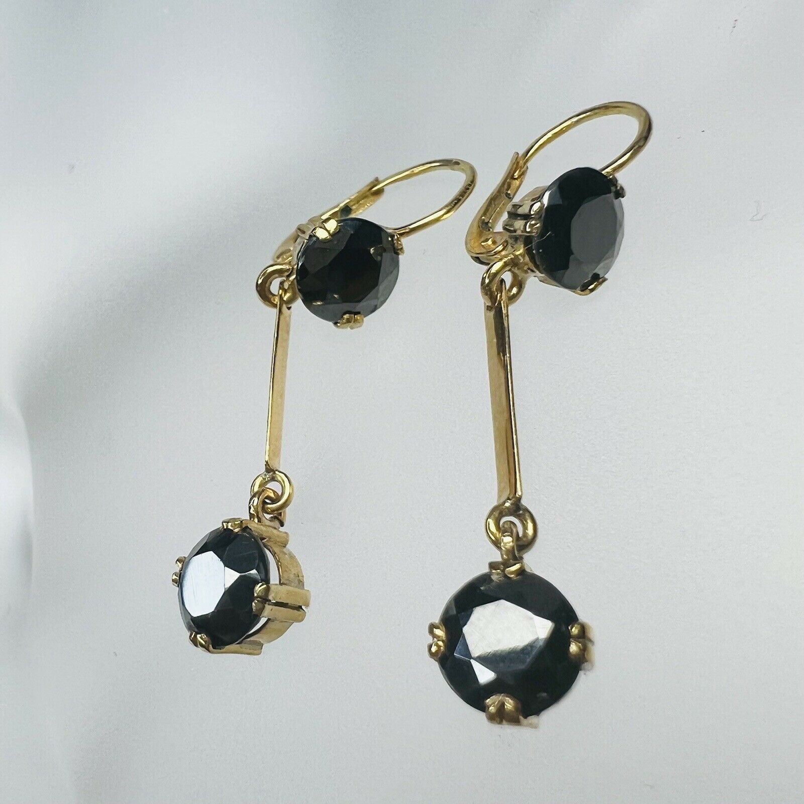 14K Yellow gold Round Hematite Dangle Drop Lever Back Earrings 1.2"