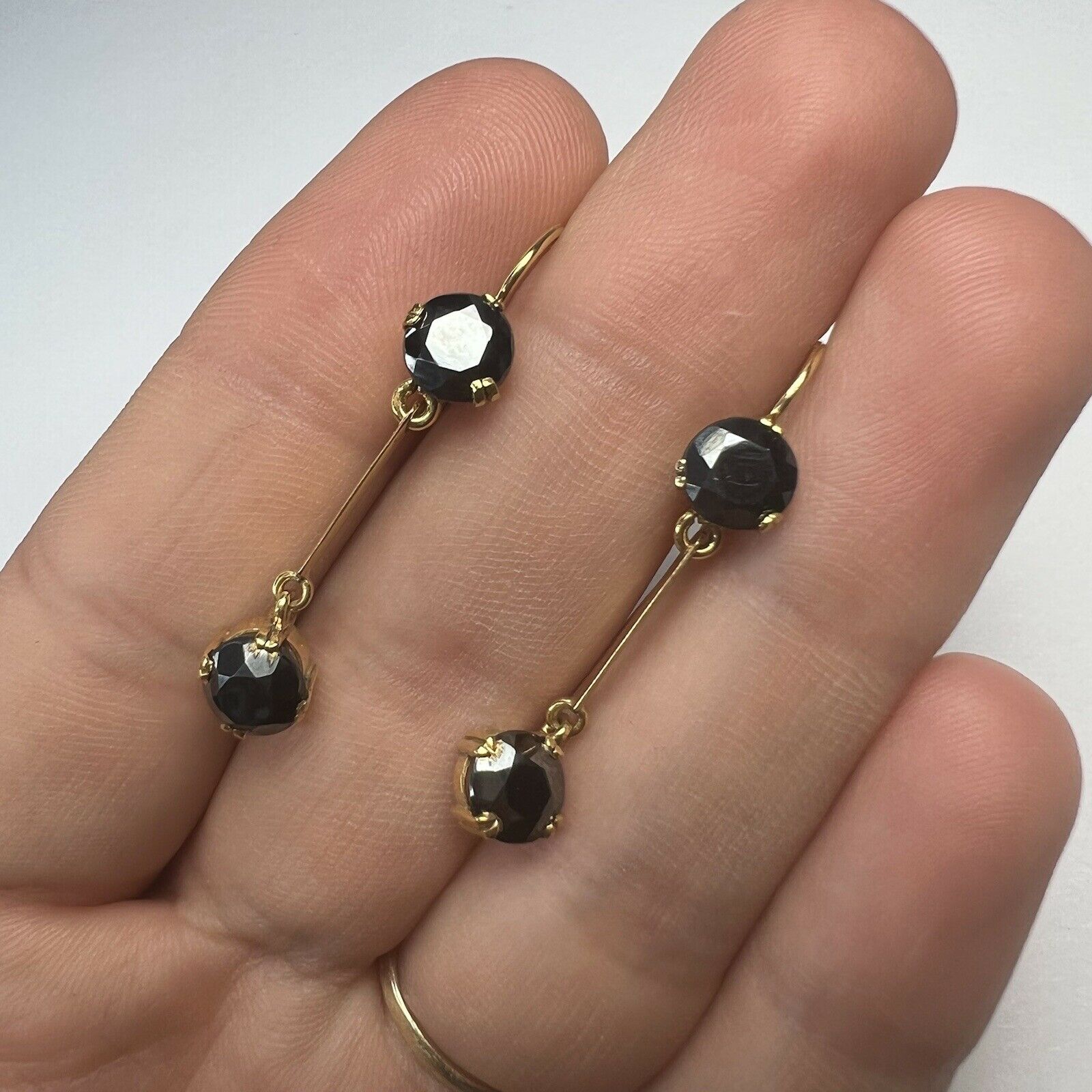 14K Yellow gold Round Hematite Dangle Drop Lever Back Earrings 1.2"