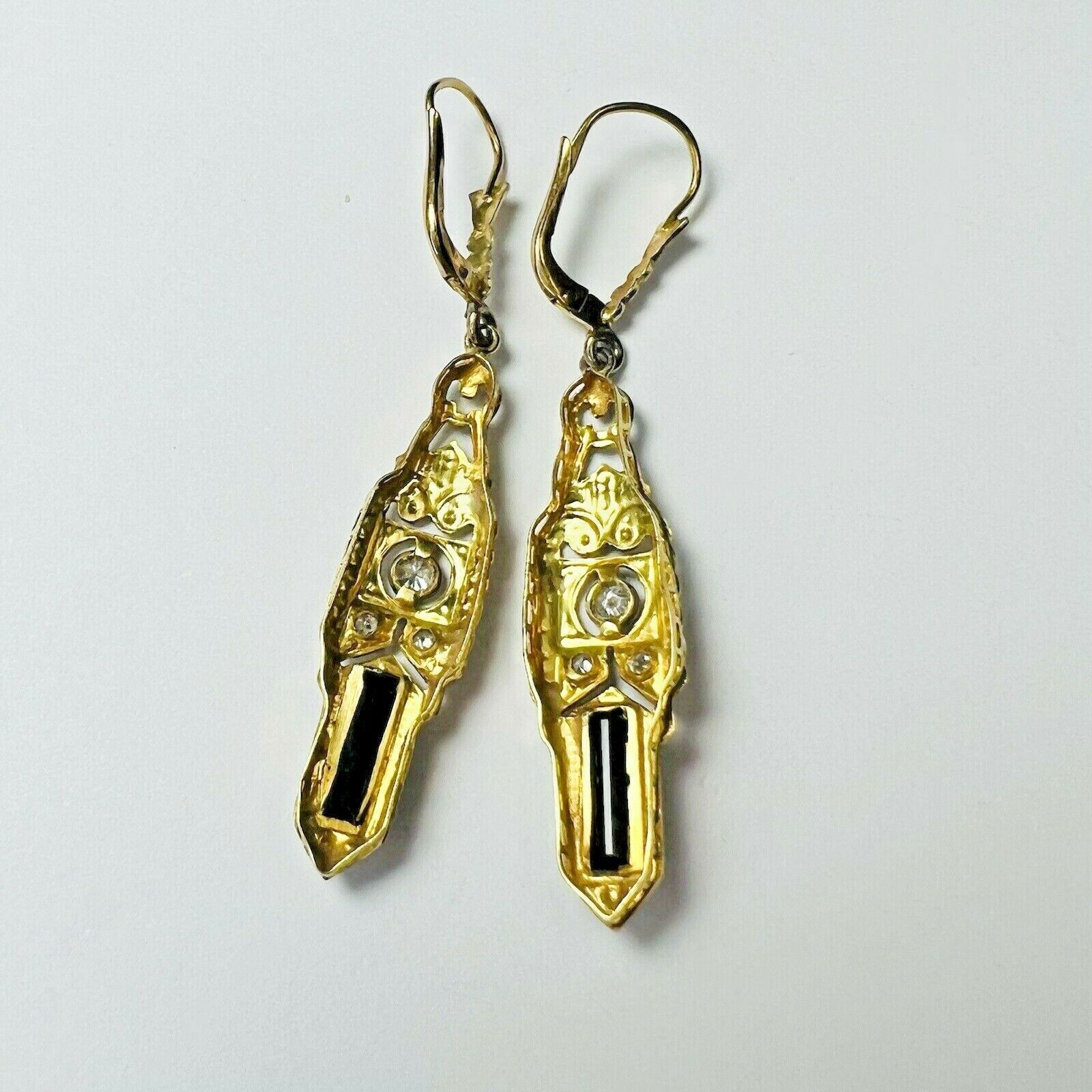 Art Deco 14K Gold Onyx & Diamond Filigree Dangle Drop Lever Back Earrings 1.75"