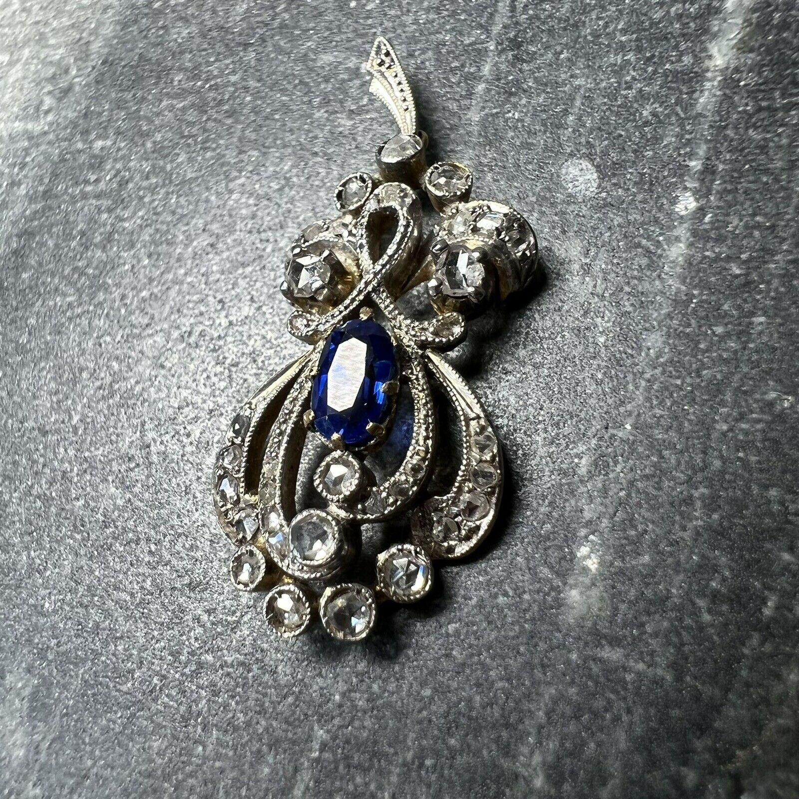 Antique Sapphire and Diamond Platinum and Yellow Gold Pendant 1.3x.60"