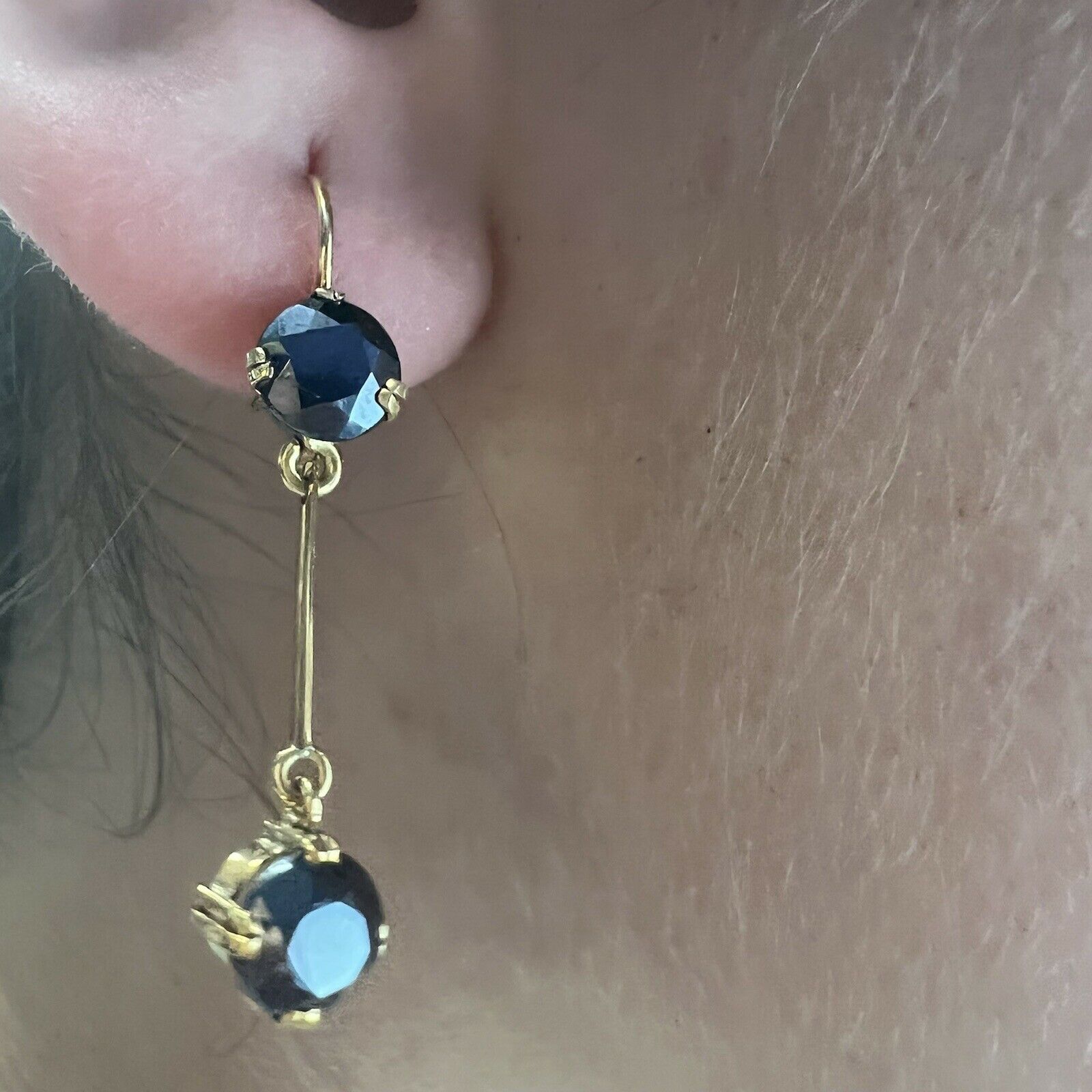 14K Yellow gold Round Hematite Dangle Drop Lever Back Earrings 1.2"