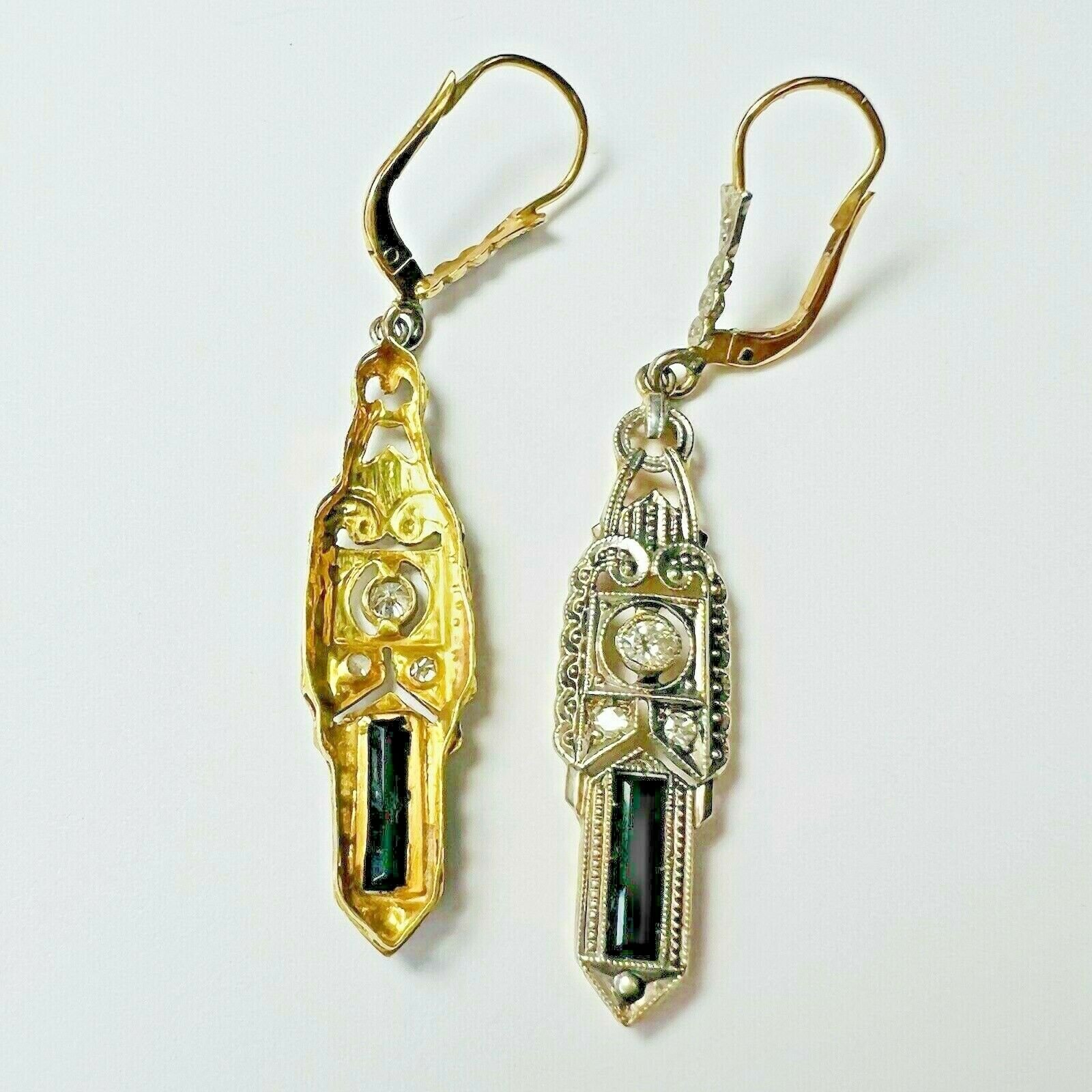 Art Deco 14K Gold Onyx & Diamond Filigree Dangle Drop Lever Back Earrings 1.75"