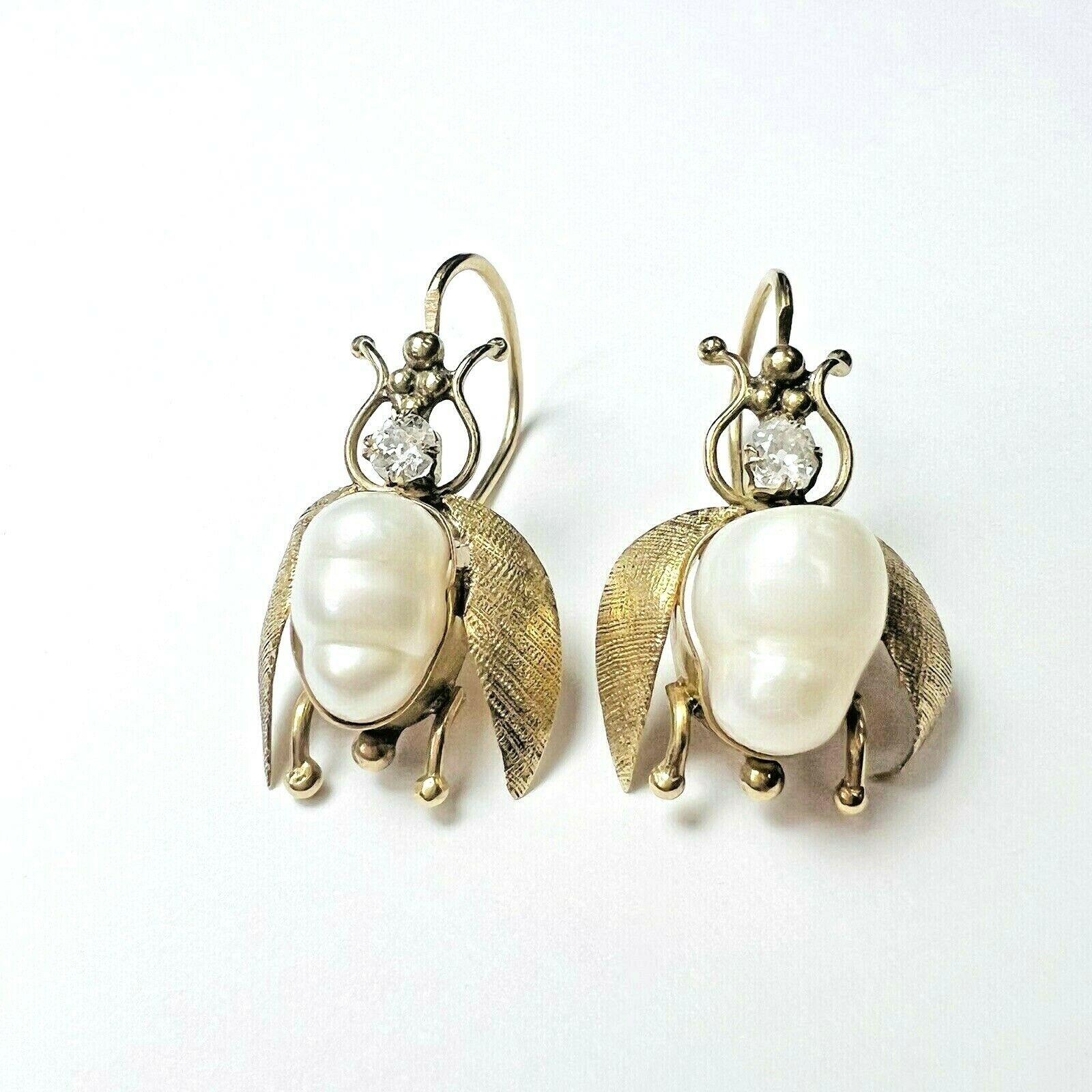 Old Mine Cut Diamond Fresh Water Pear BEE Fly Earring 1"