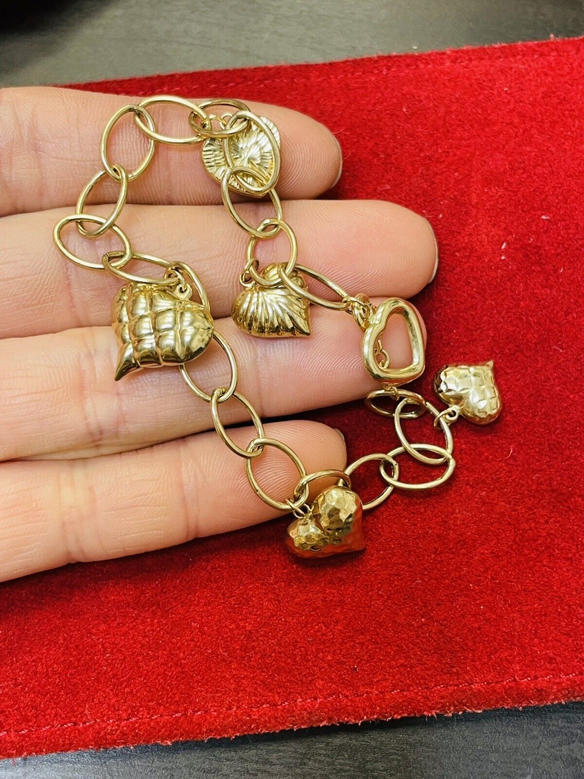 Cute Vintage Puffy Heart 6 Charm Rolo Link 14K Yellow Gold Bracelet