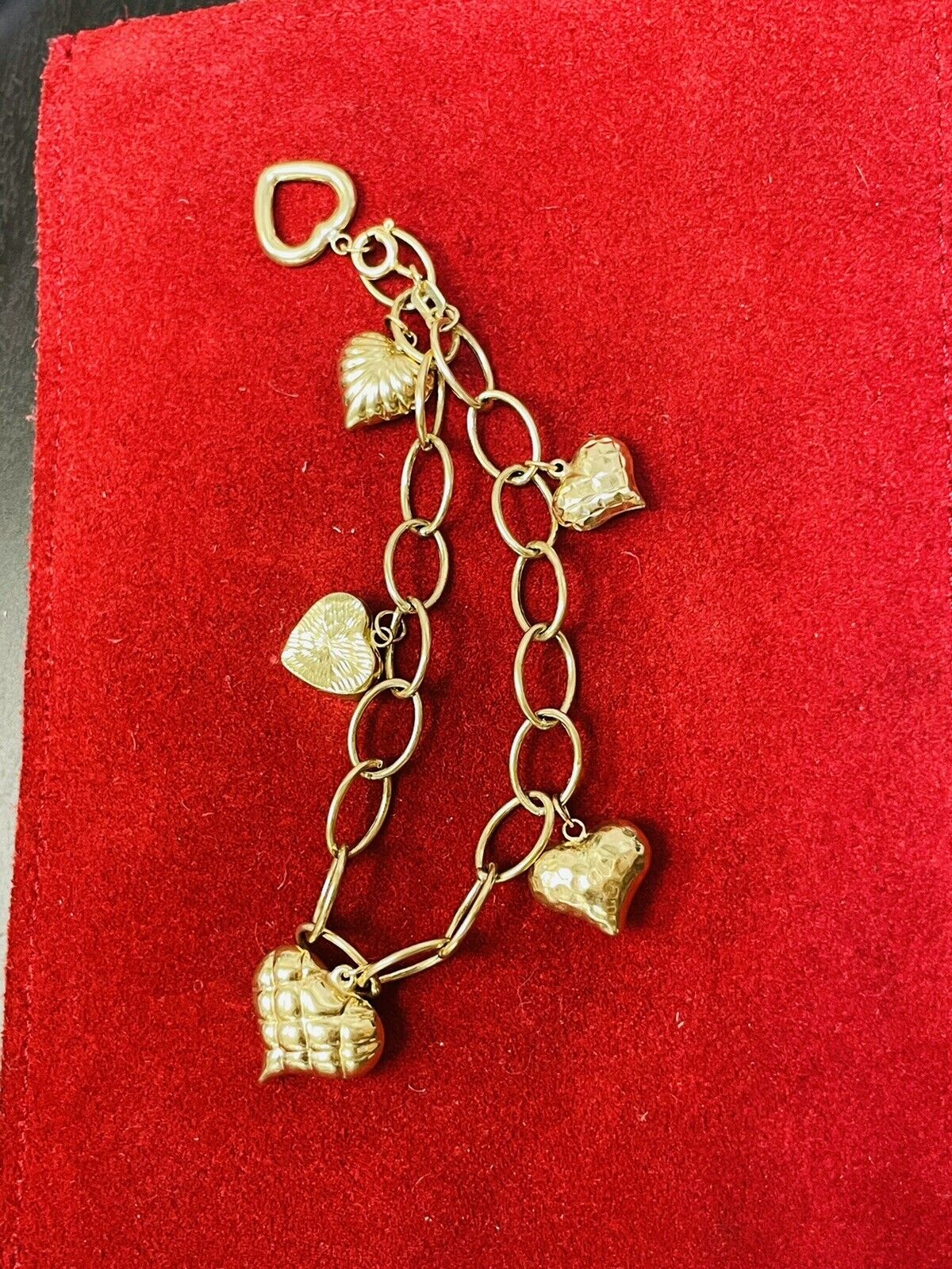 Cute Vintage Puffy Heart 6 Charm Rolo Link 14K Yellow Gold Bracelet