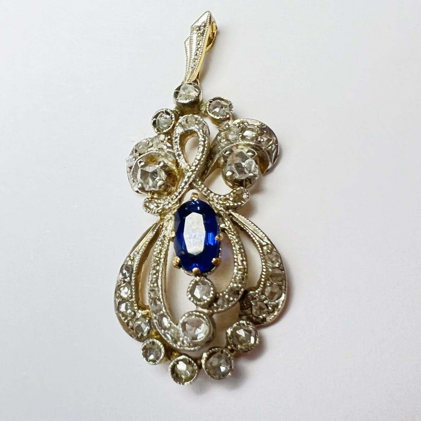 Antique Sapphire and Diamond Platinum and Yellow Gold Pendant 1.3x.60"