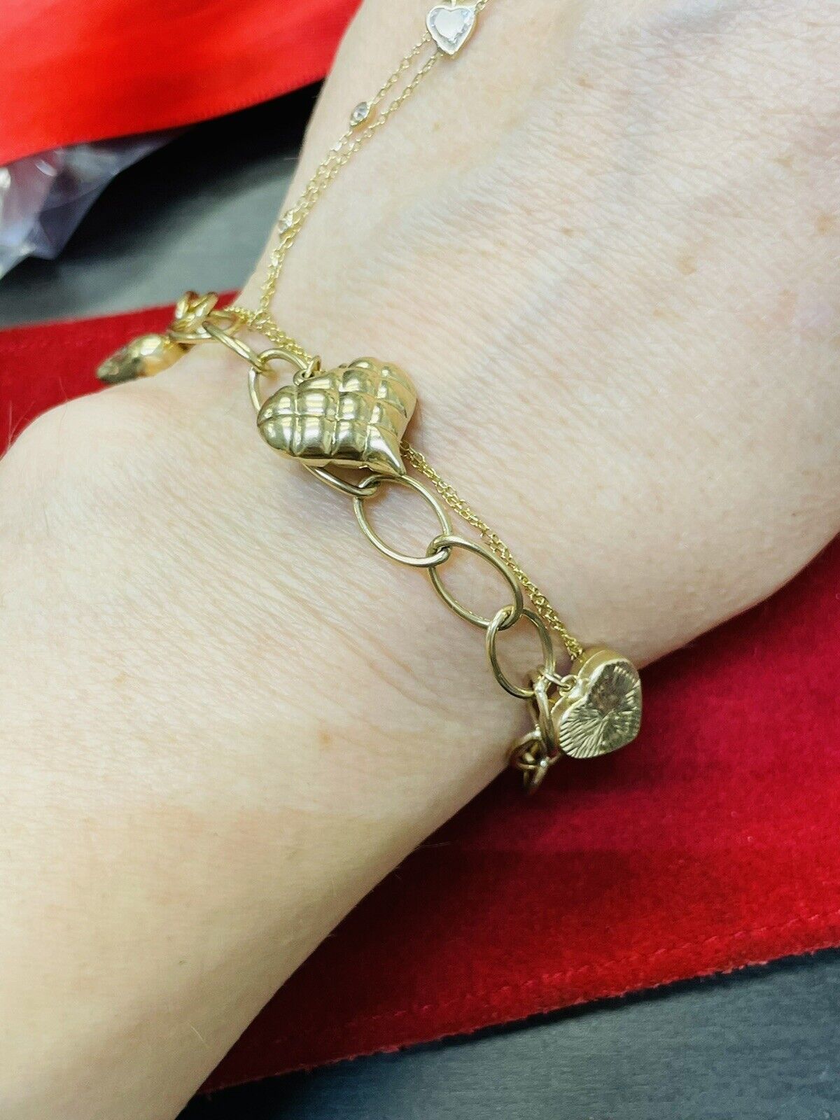 Cute Vintage Puffy Heart 6 Charm Rolo Link 14K Yellow Gold Bracelet