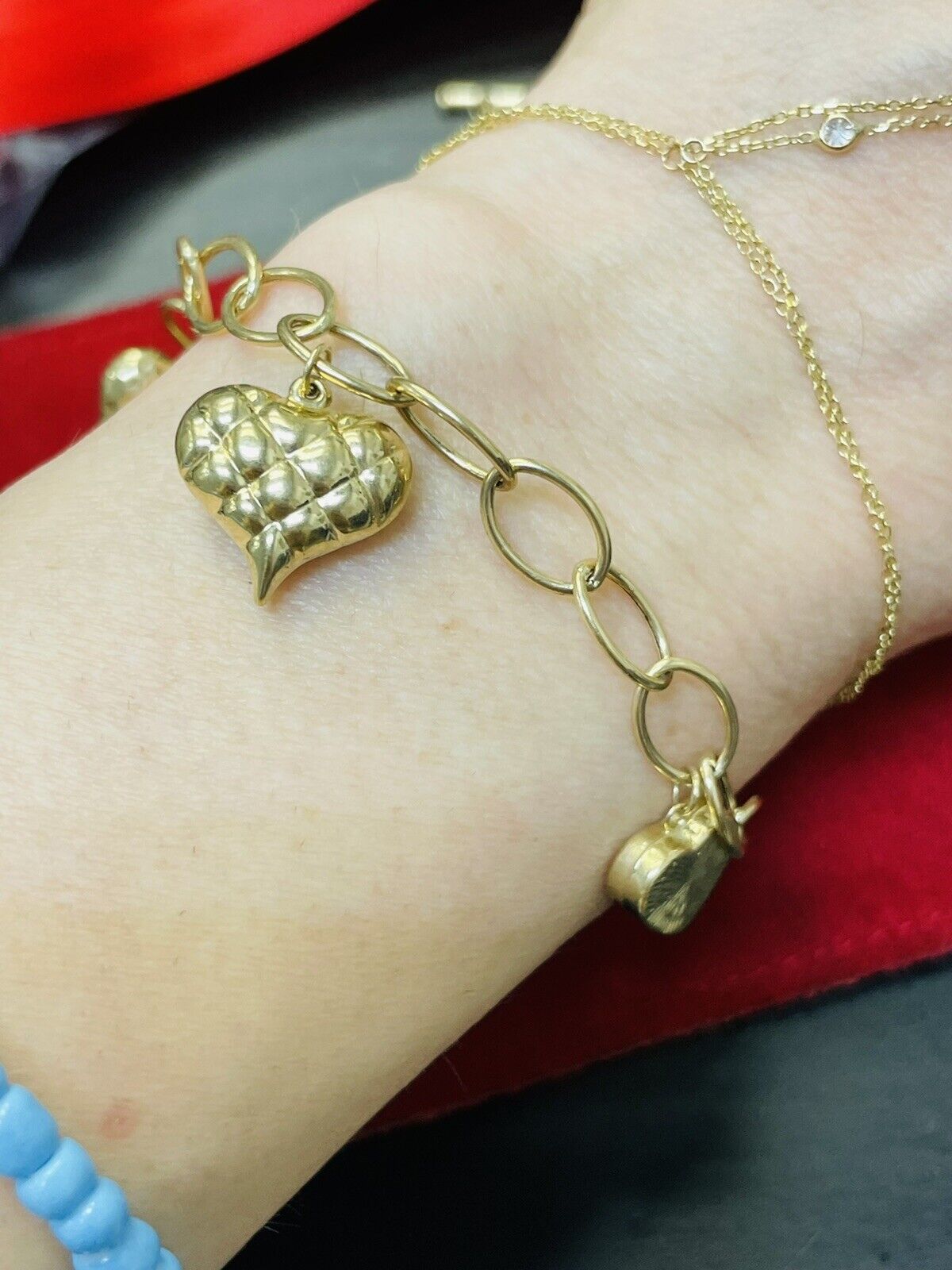 Cute Vintage Puffy Heart 6 Charm Rolo Link 14K Yellow Gold Bracelet