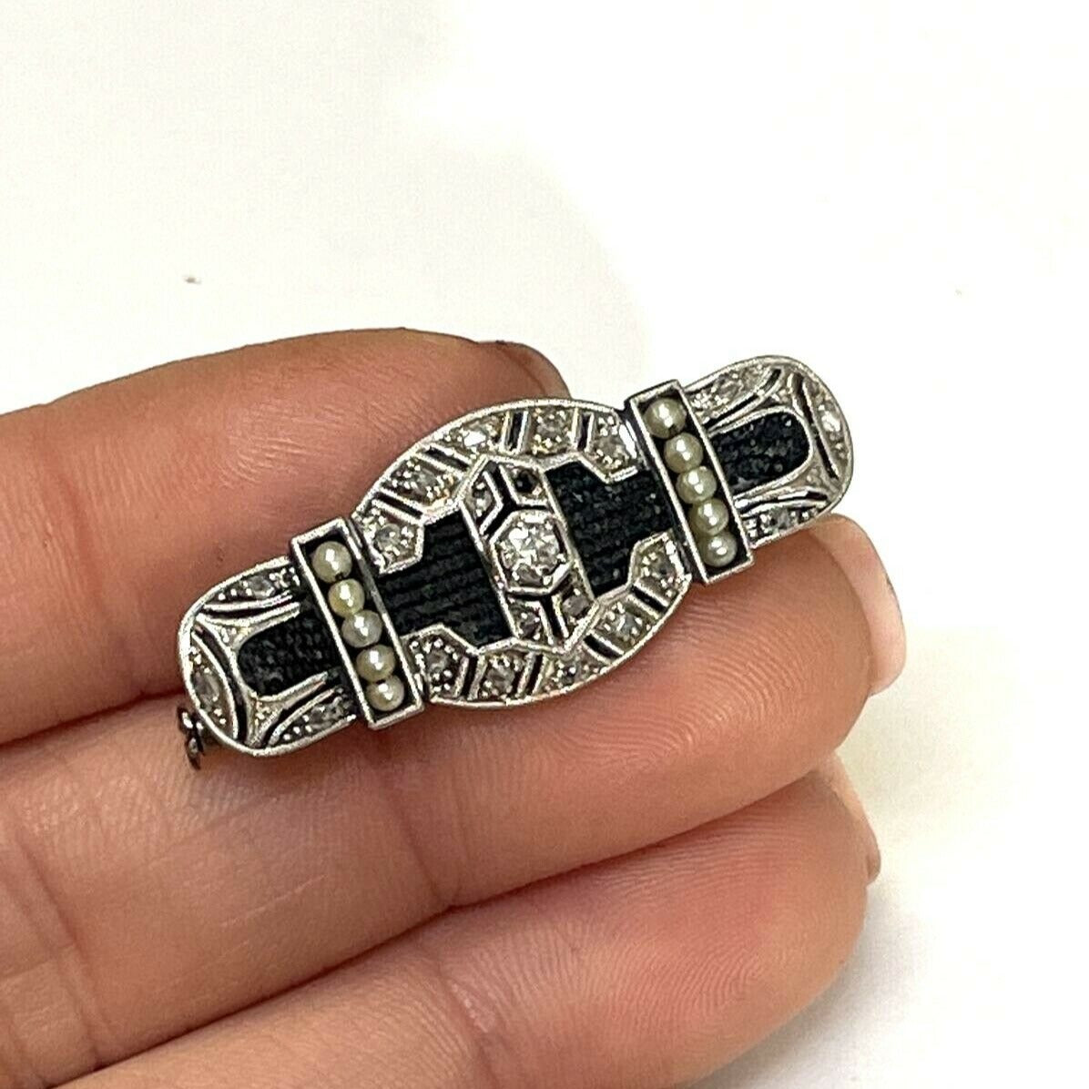 Art Deco Diamond Platinum Seed Pearl Black Cloth Antique Pin Brooch 1.4" x .50"
