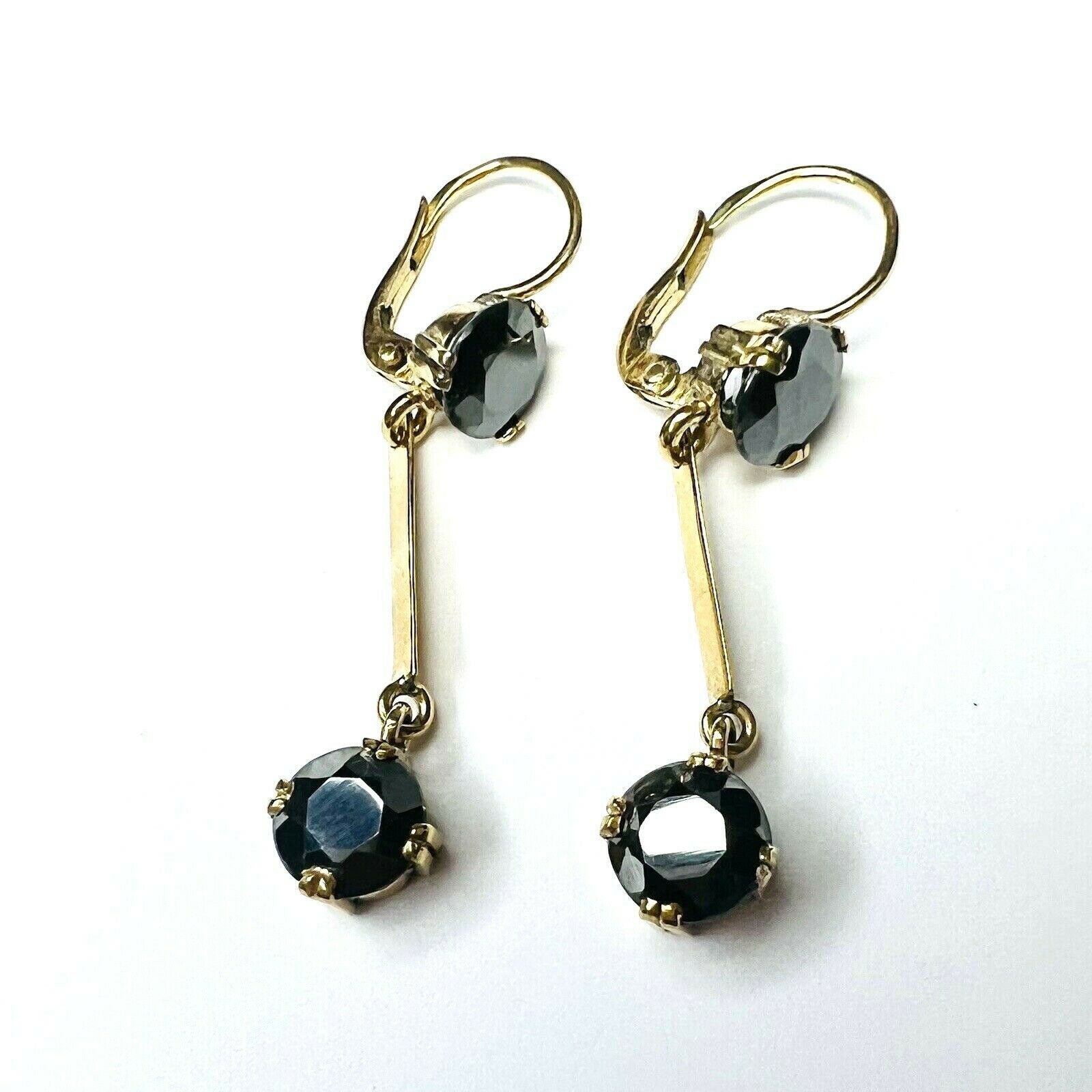 14K Yellow gold Round Hematite Dangle Drop Lever Back Earrings 1.2"