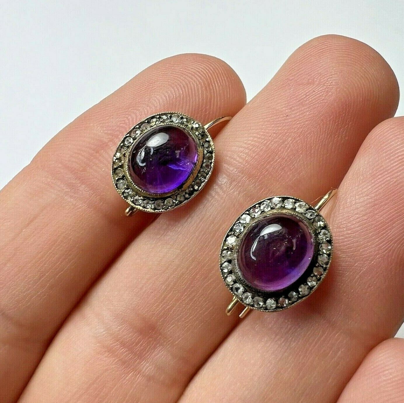 Victorian 14K Yellow Gold Cabochon Amethyst Old Mine Cut Diamond Earring