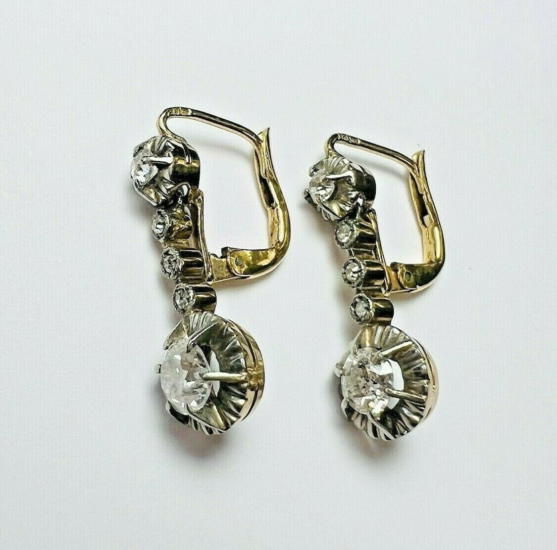 14K Yellow and White Gold Diamond Dangle Drop Lever Back Earring 1"