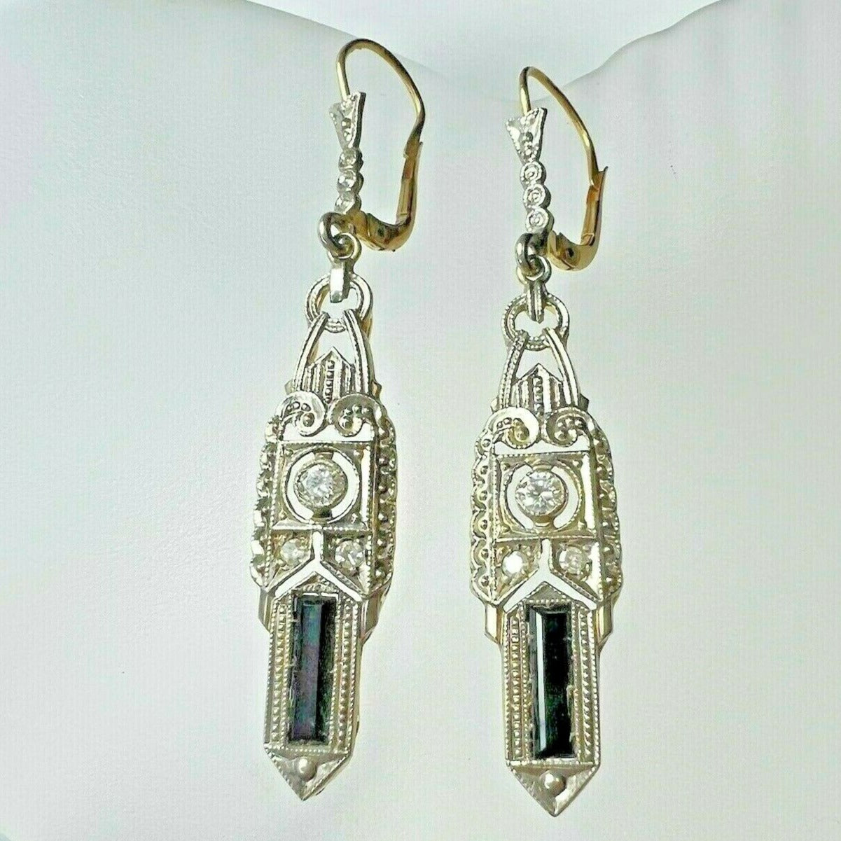 Art Deco 14K Gold Onyx & Diamond Filigree Dangle Drop Lever Back Earrings 1.75"