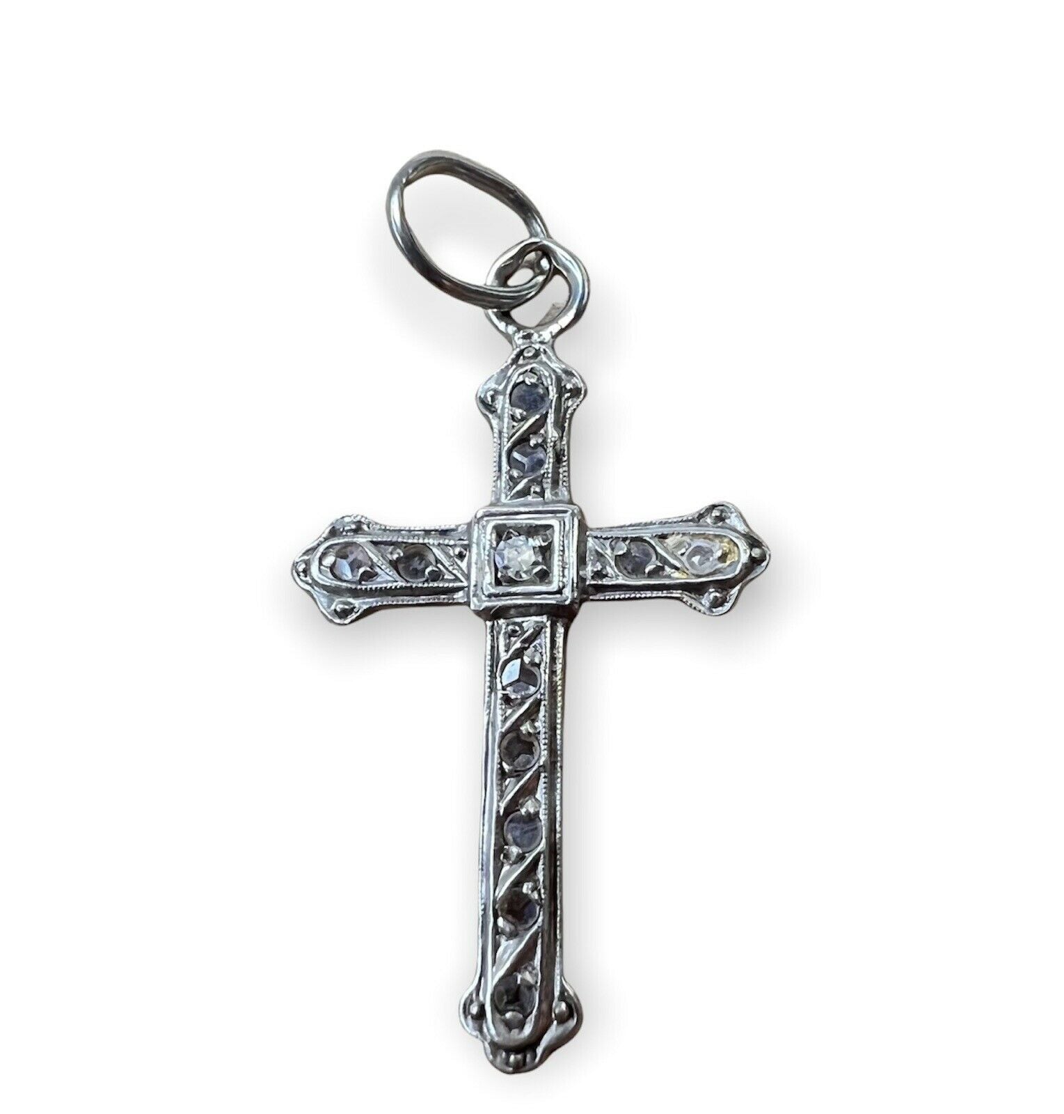 Platinum Rose Cut Diamond Cross Pendant Art Deco Antique 1.25 x .65"