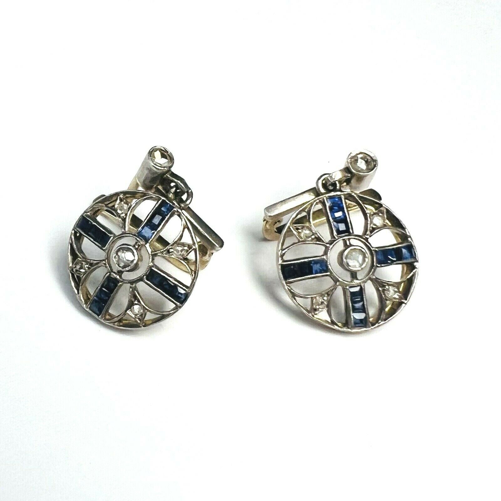 14K Yellow & White Gold Sapphire & Diamond Latch Back Dangle Earrings 1"