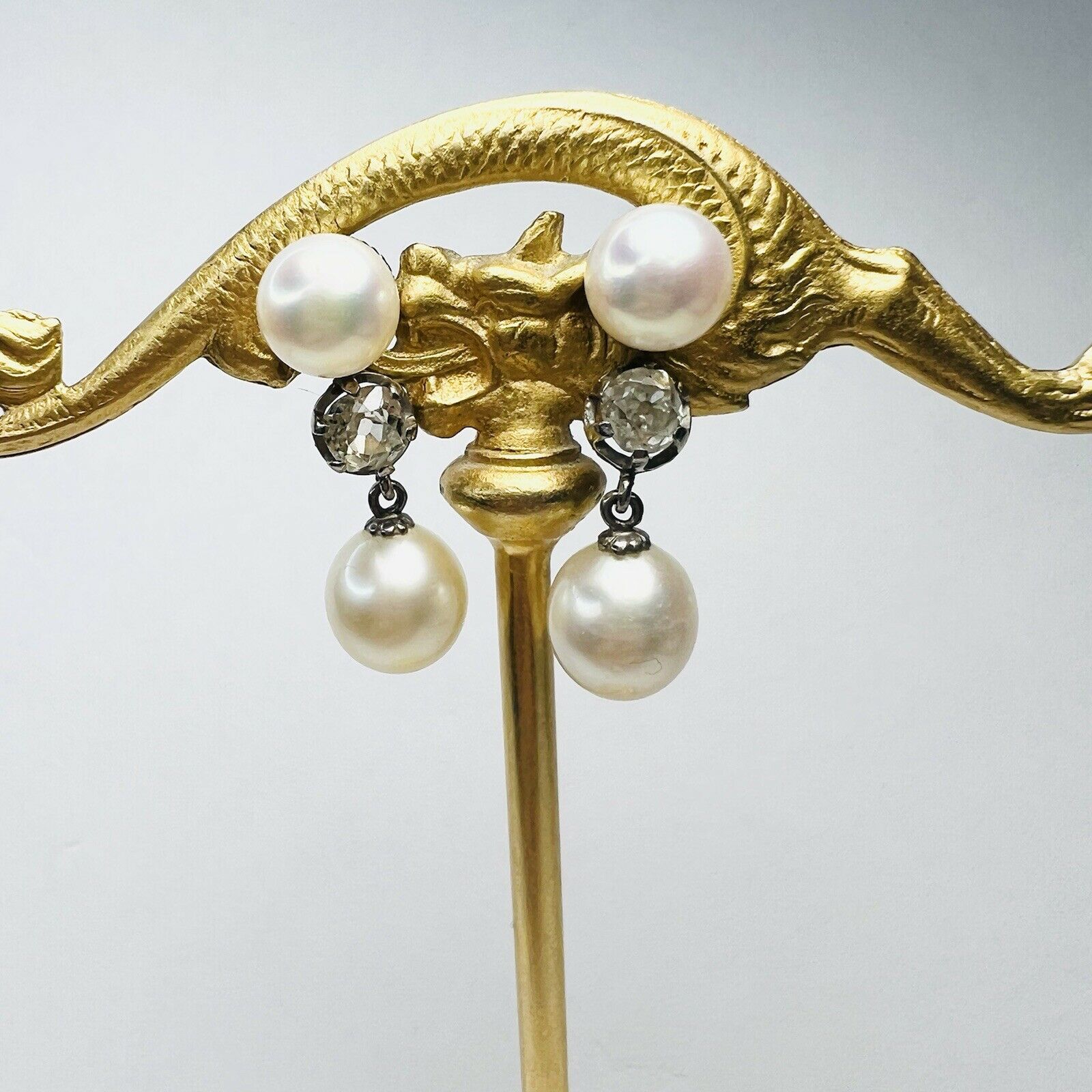 14K Yellow & White Gold Pearl and Diamond Dangle Drop Earring 1"