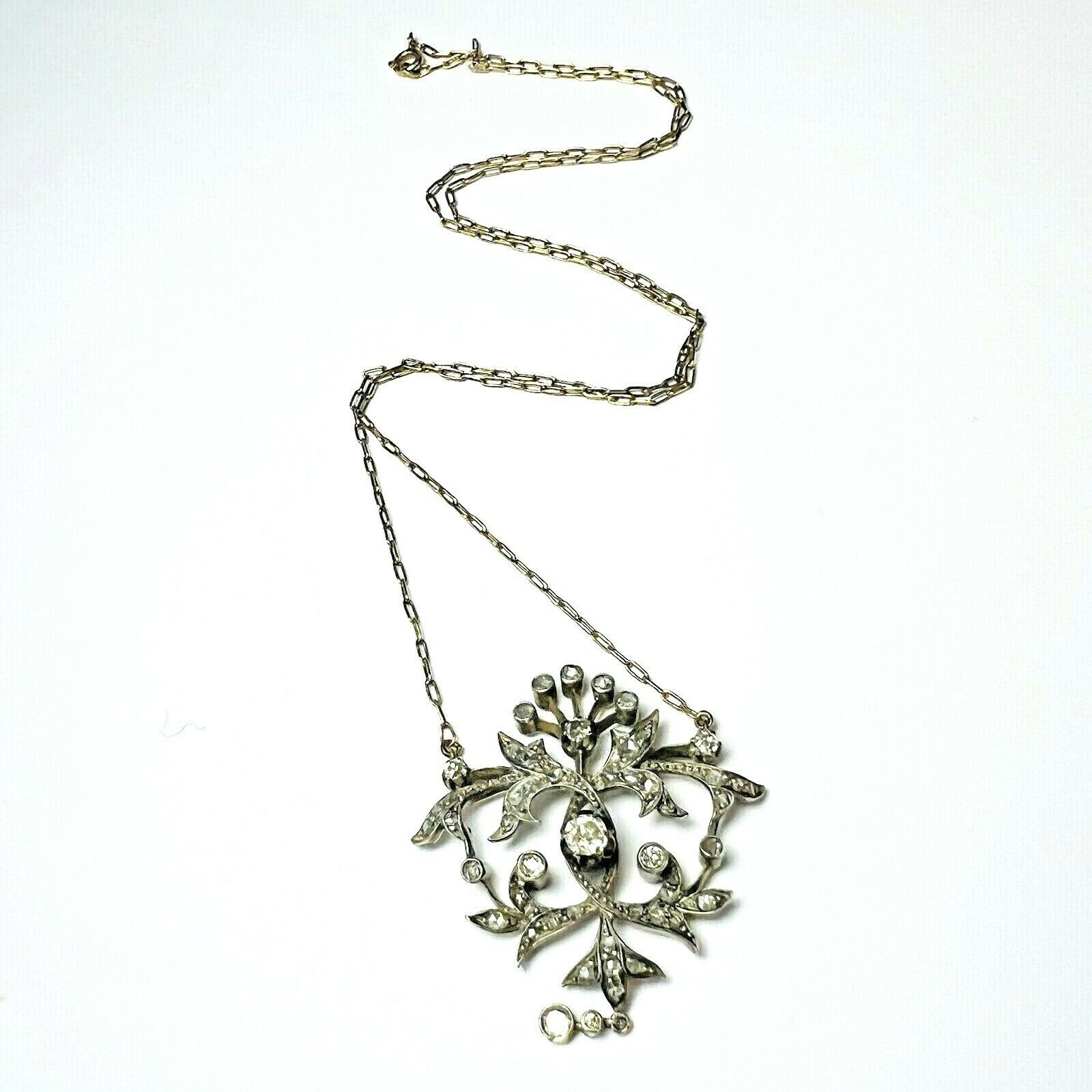 Victorian 14K Gold Old mine & Rose cut Diamond Filigree Pendant Necklace 19"