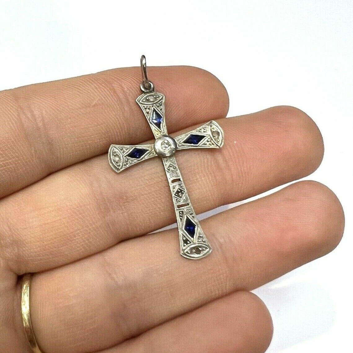 Platinum Sapphire and Rose Cut Diamond Cross Pendant 1.5 x .90"