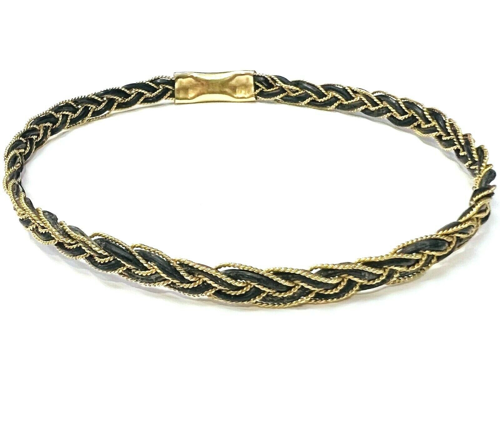 Solid 10K Yellow Gold and Hair Antique Bangle Slip-on Bracelet 7.8"
