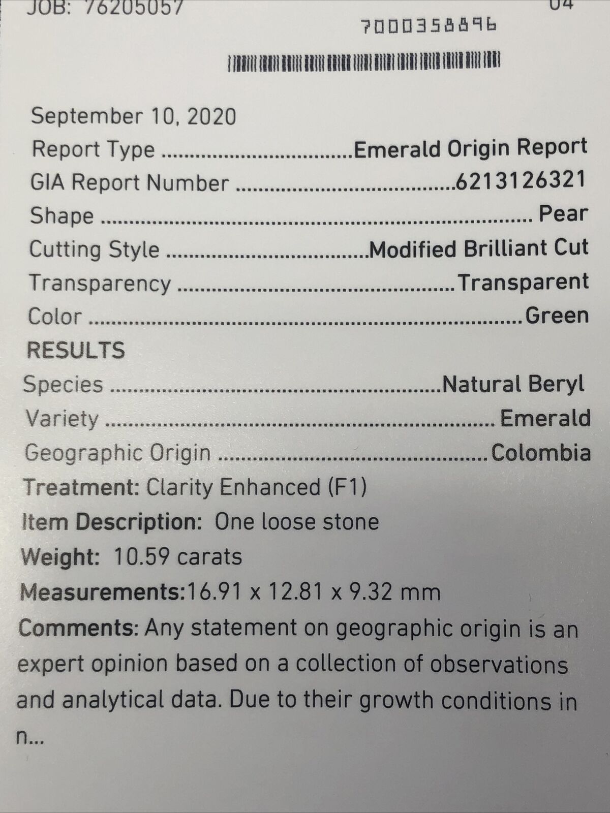 10.59CT Pear Colombian Emerald GIA Certified