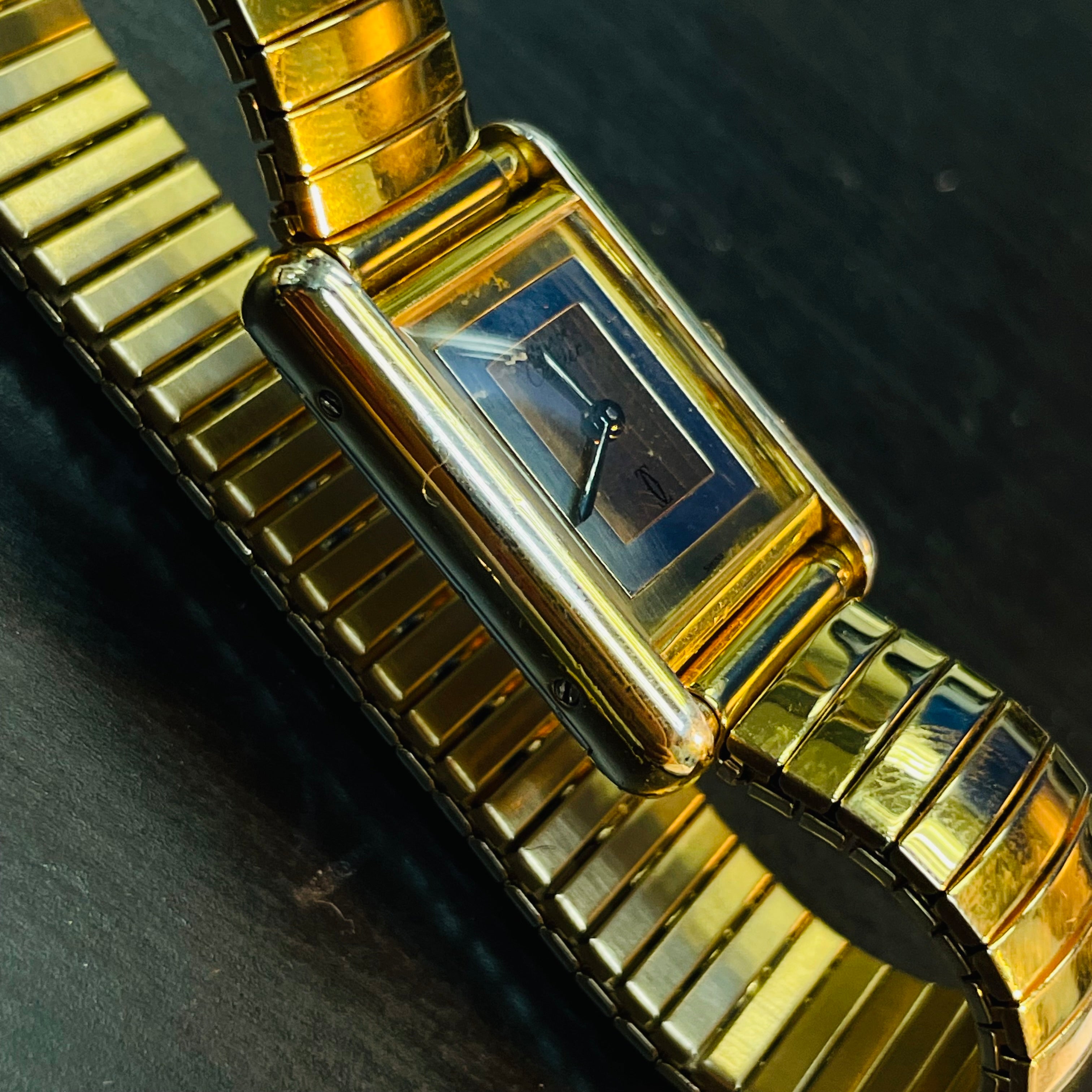 20x26mm Tri Tone Gold Vermeil Must de Cartier Tank Watch with Tubogas Stretch Band